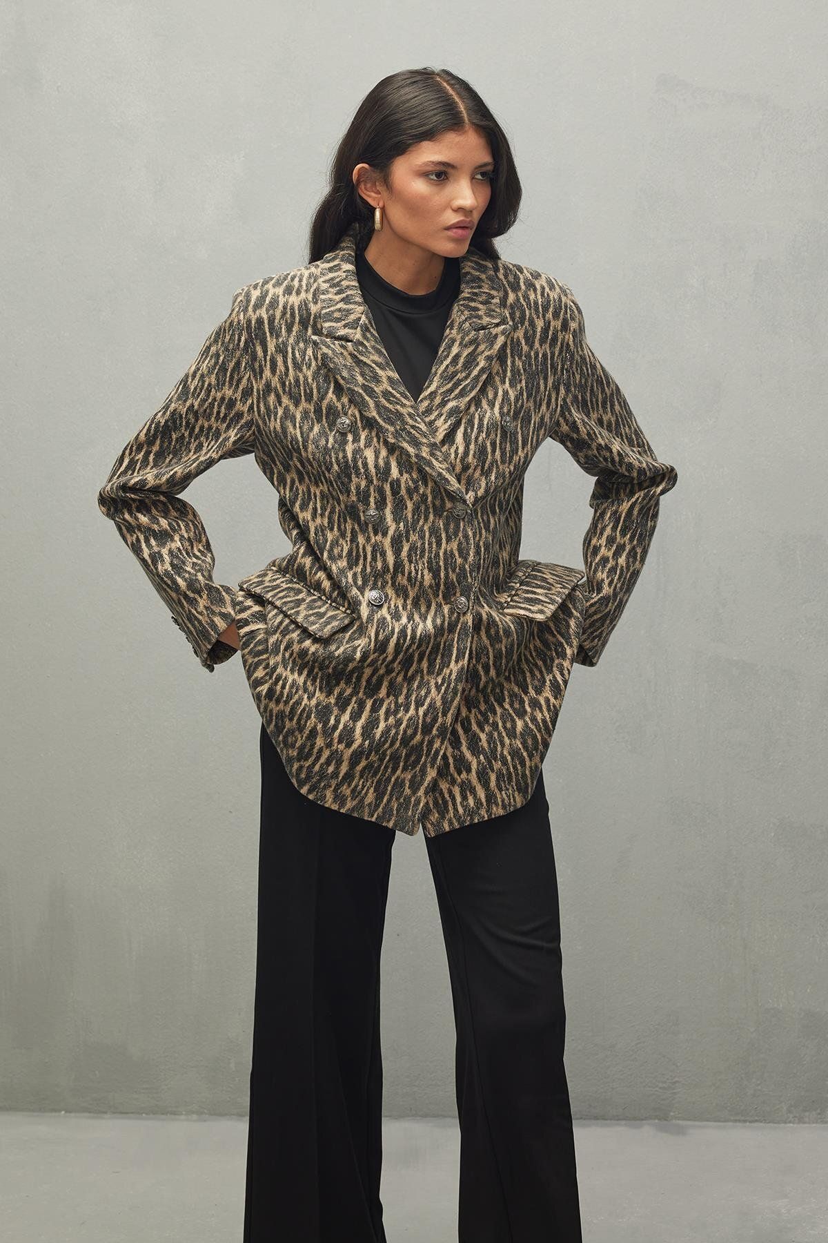 Fahhar Leopar Desen Kaşe Blazer Ceket Kahverengi