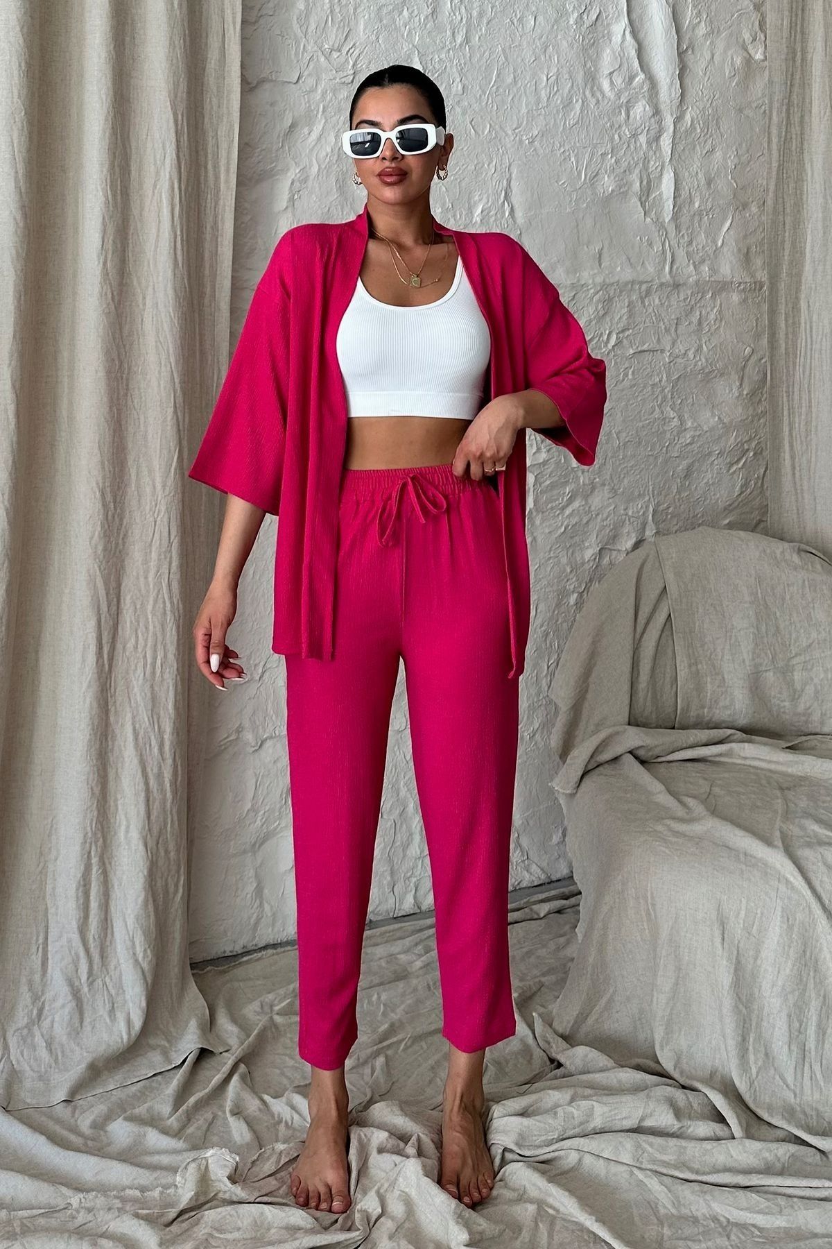 MODAGEN Kadın Fuşya Pembe Kimono Alt Üst Havuç Pantolon Takım