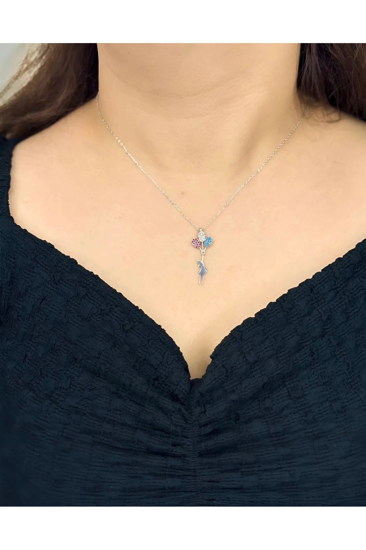 Azra Silver&Aksesuar 925 Ayar Renkli Balon Model Zincirli Gümüş Kolye