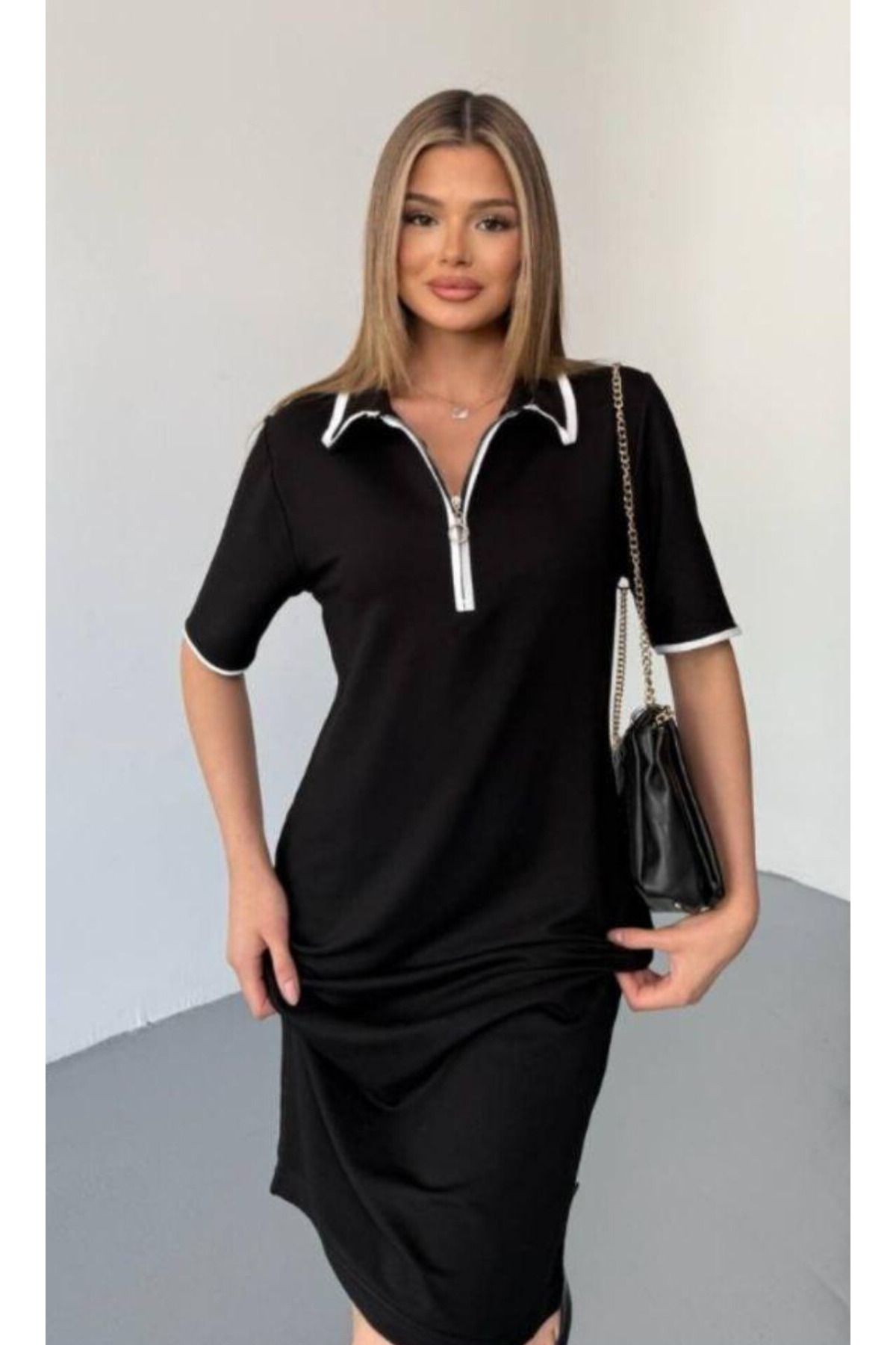 Butik Siyah Polo Yaka Fermuarlı Beyaz Şeritli Elbise