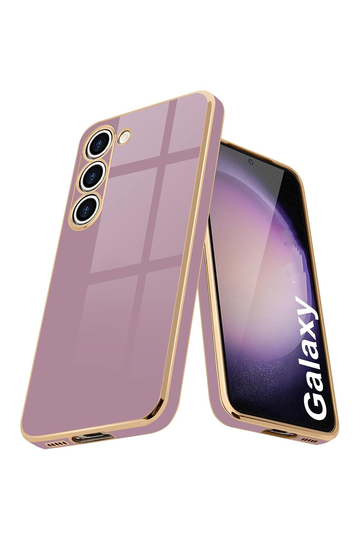 Merwish Galaxy S23 Uyumlu Lazer Kesim Gold Çerçeve Mor Kapak Kılıf