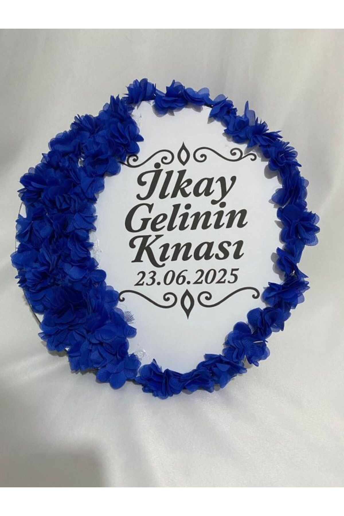 ARHEDİYELİK Gelin Tefi 30cm, İsim ve Tarih Yazılı Yarım Ay Ve Kenar Süslemeli Tasarlanmış Kına Tefi (MAVİ)