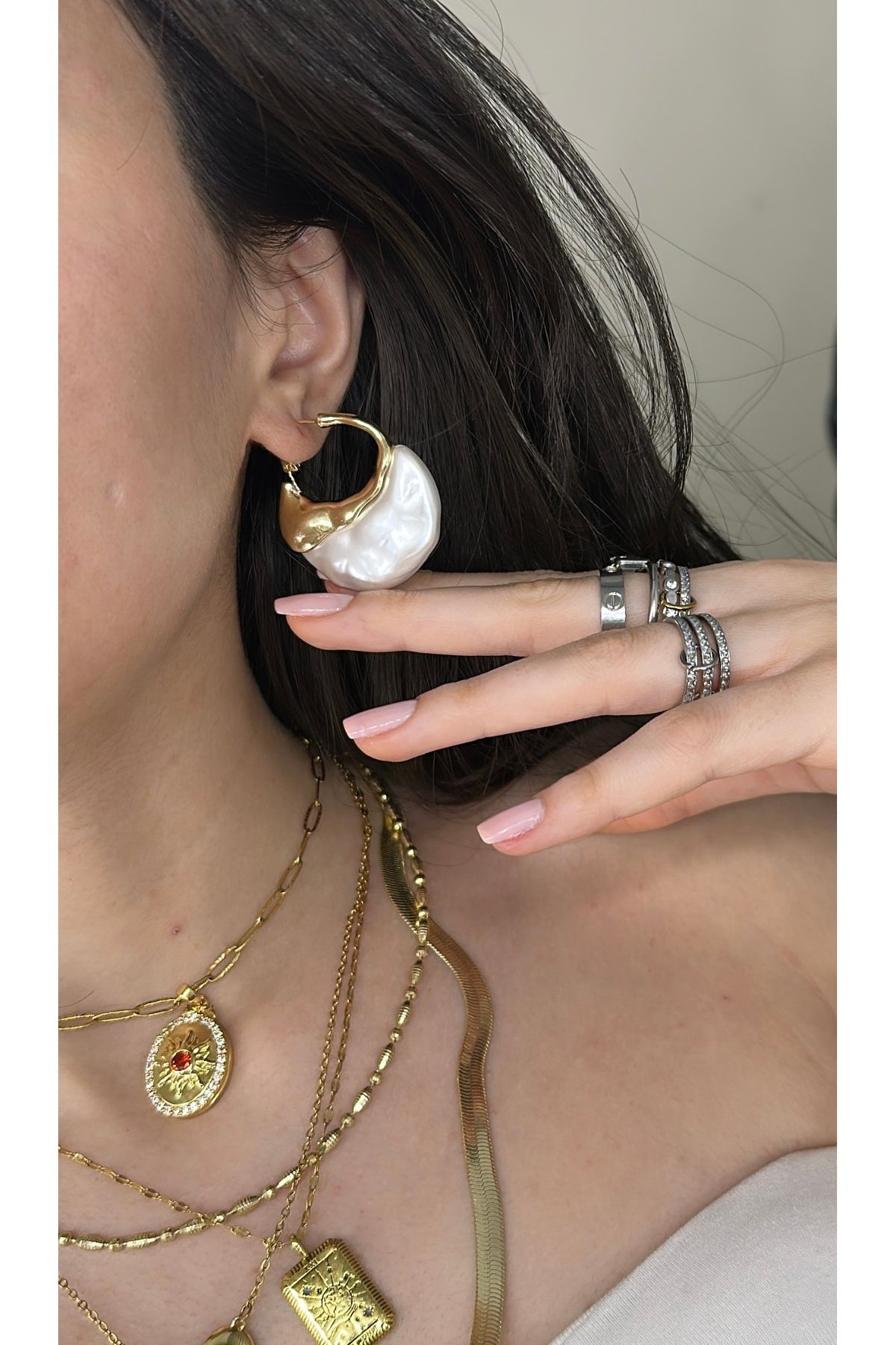 Opia JEWELRY - İncili Yarım Halka Model Çelik Küpe