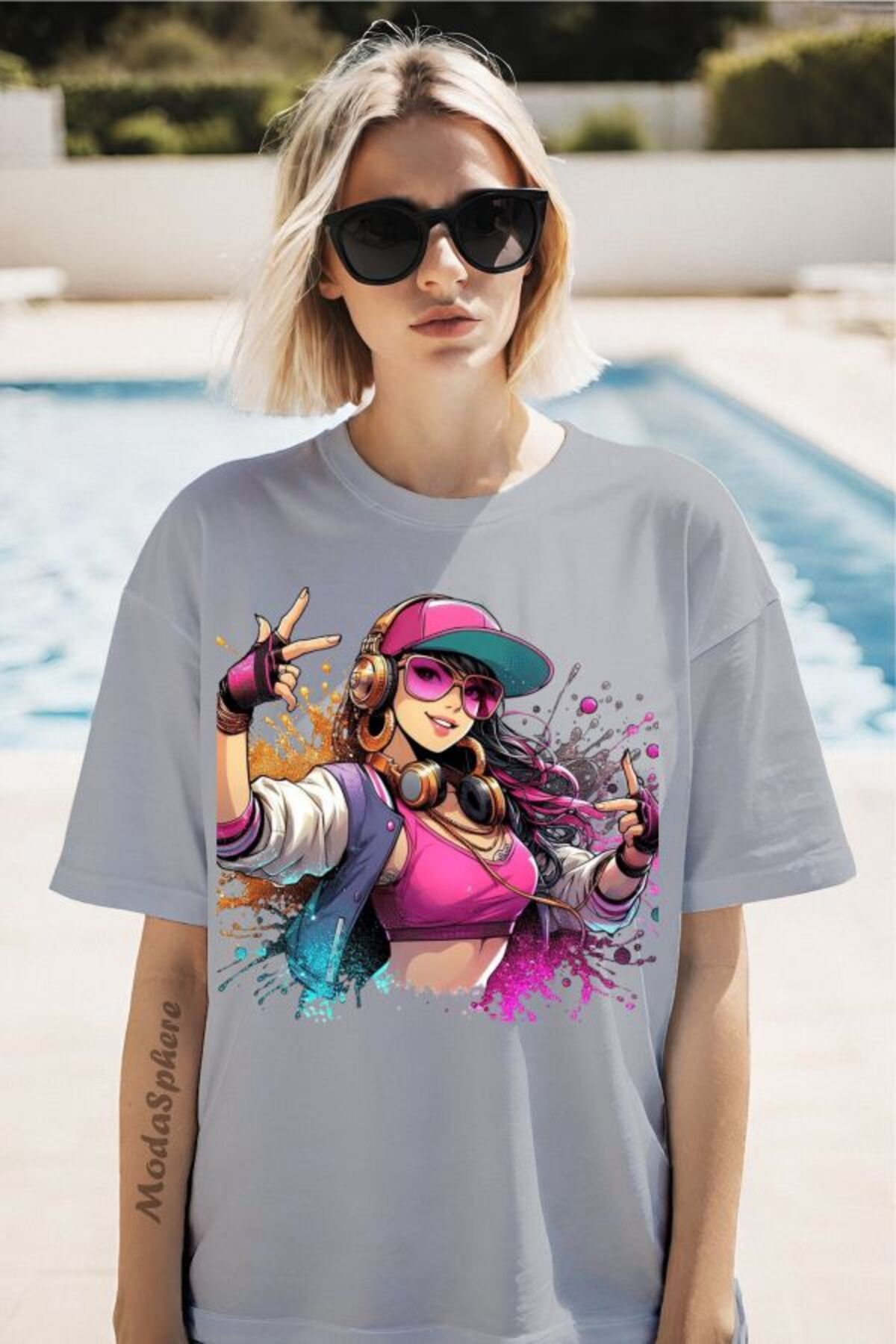 ModaSphere Şapkalı Kız Baskılı Unisex Oversize Tişört