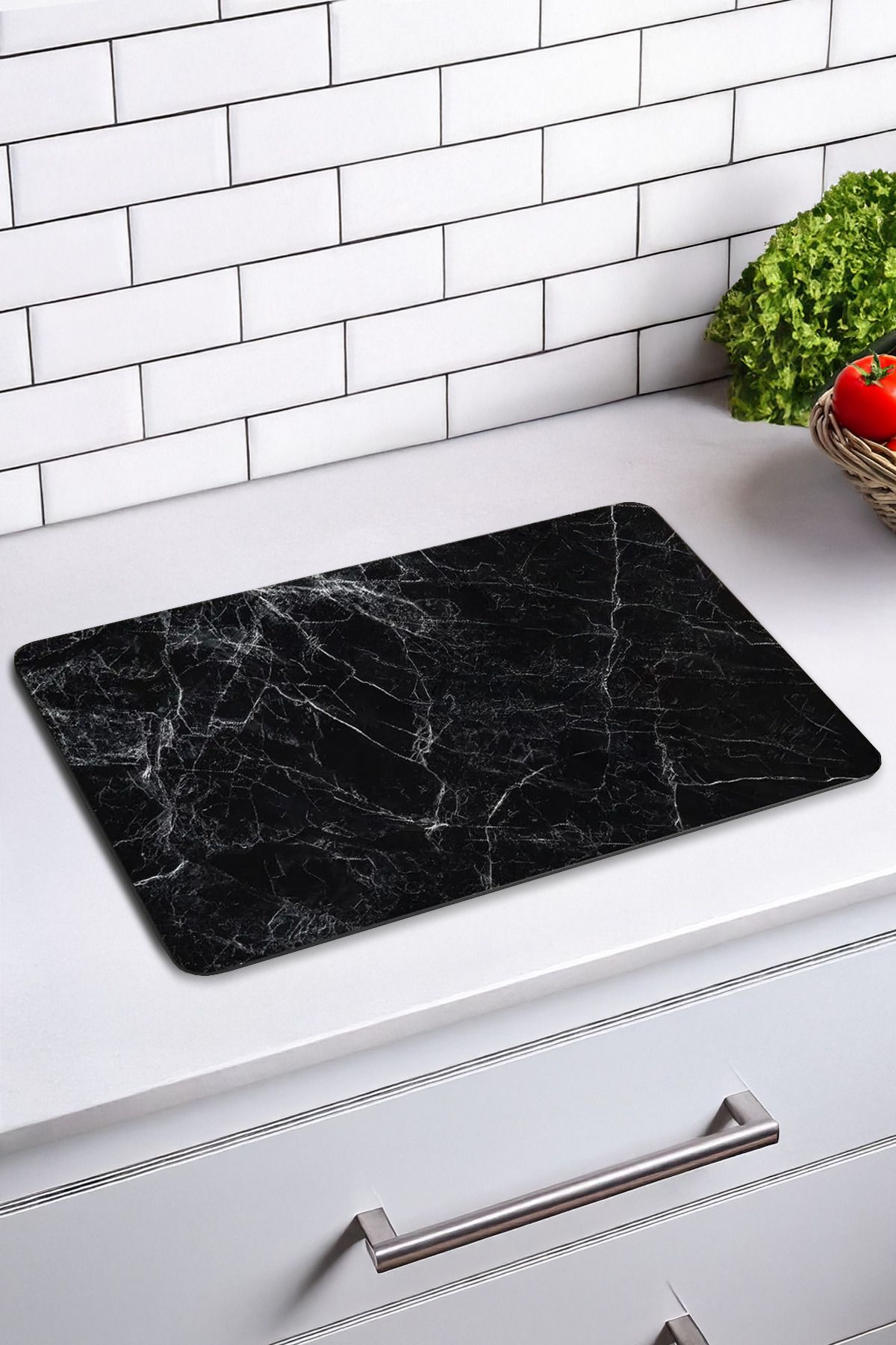 Kitchen Life Siyah Mermer Desenli Cam Kesme Tahtası - Oval Kenarlı Kesme Tahtası 25x35