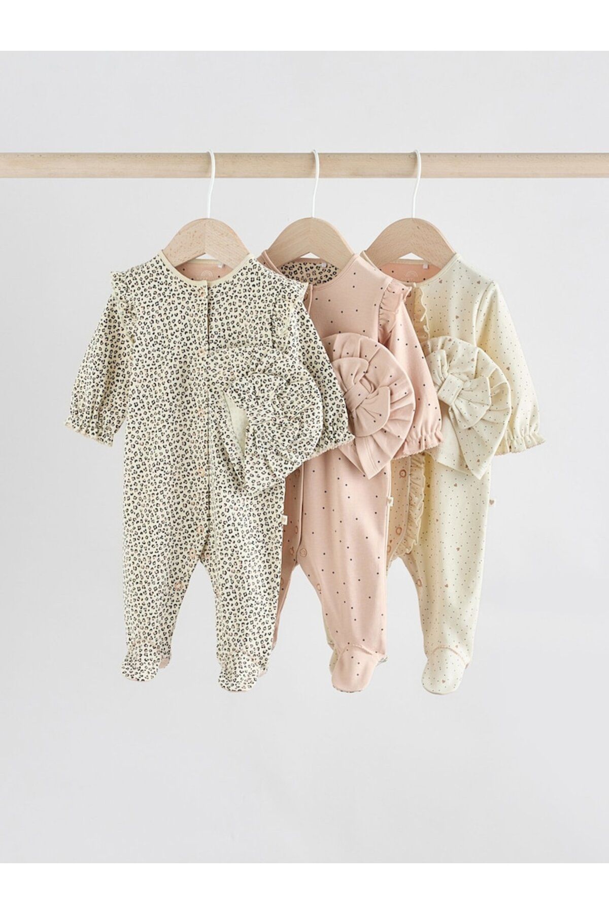 Next Baby 100% Cotton Cream Brown Animal Patterned Hat 3-Piece Sleepsuit Set