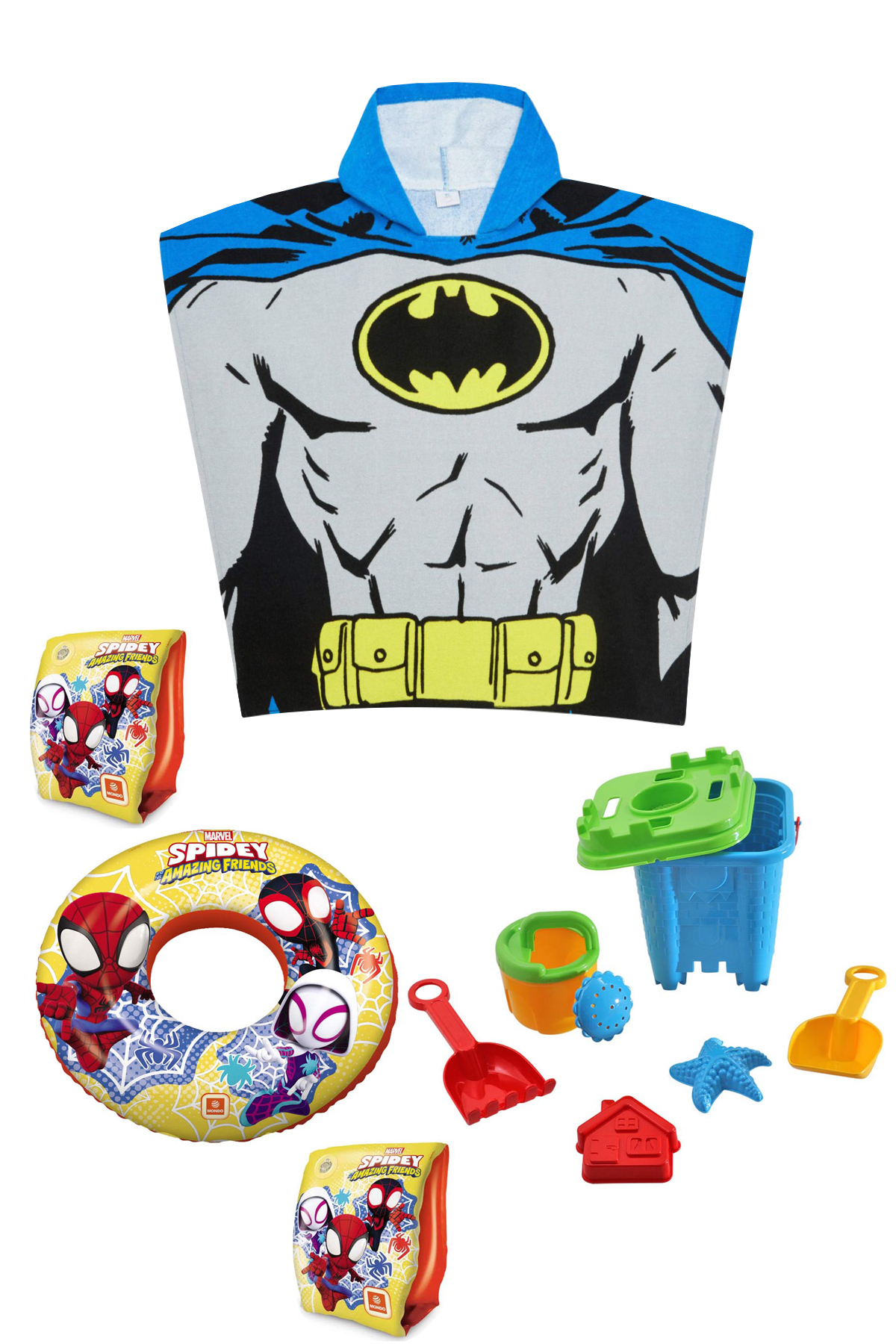 Batman Baskılı Çocuk Plaj Havlusu Panço Plaj ve Yüzme Seti Kolluk Simit Kum Kovası Plaj Seti