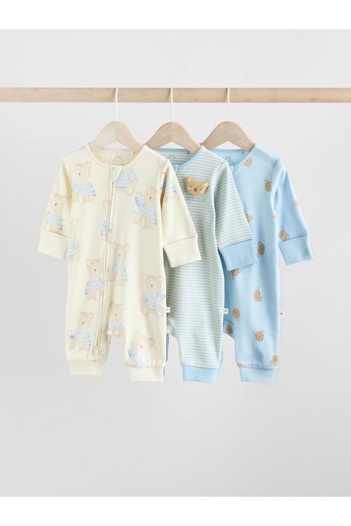 Next Baby %100 Pamuklu Krem Mavi Ayıcık Desenli 3'lü Tulum Set