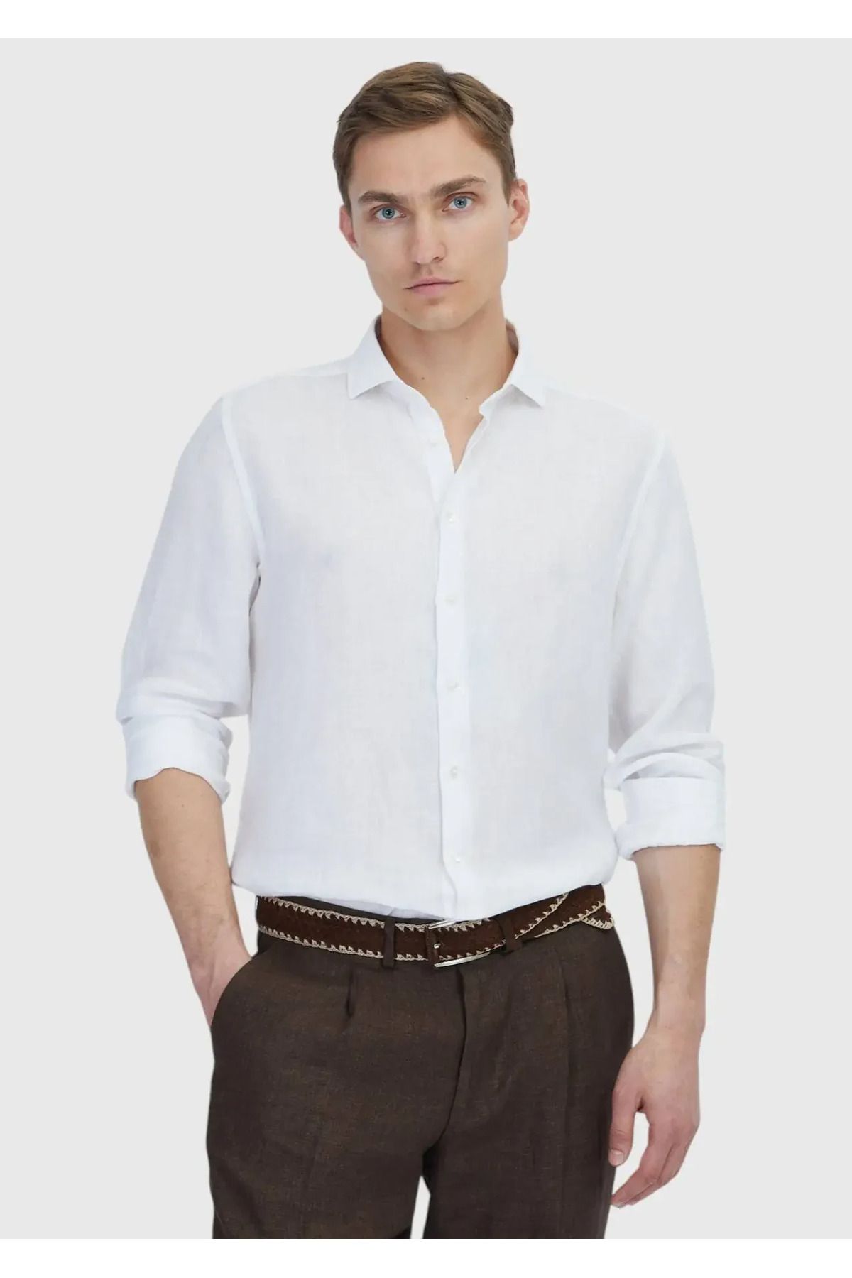 Ramsey Beyaz Düz Casual Fit Dokuma Casual %100 Keten Gömlek