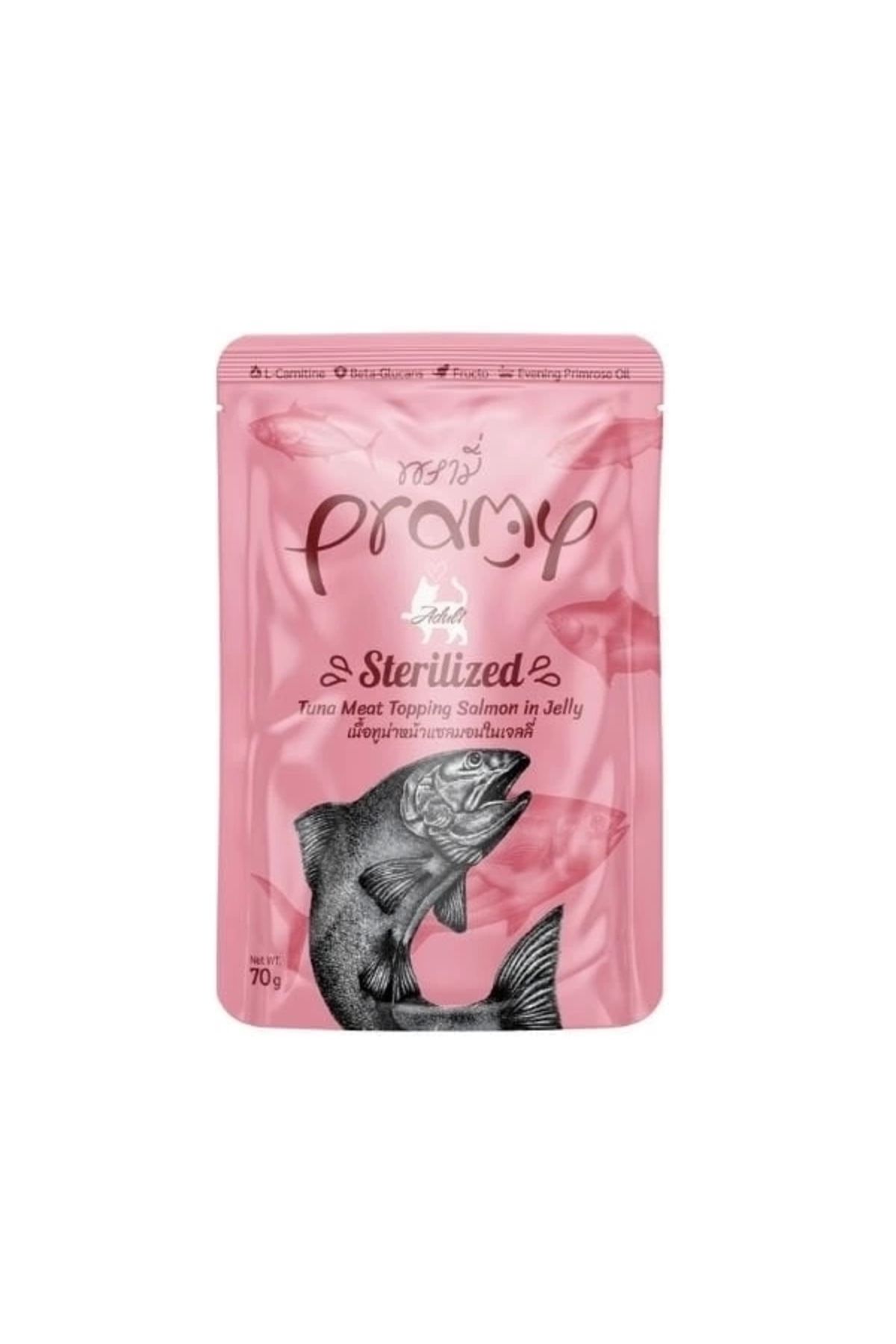 Generic Pramy Sterilized Jöle İçinde Somonlu ve Ton Balıklı Pouch Kısır Konserve Kedi Maması 70 Gr