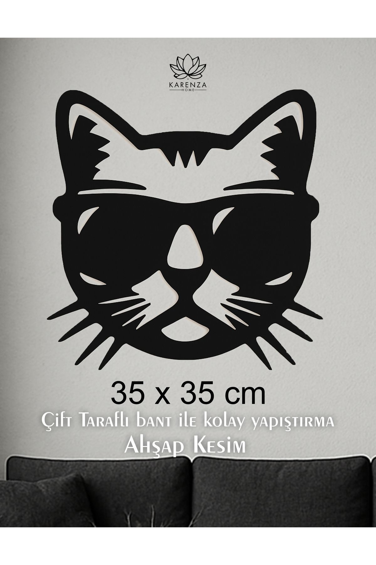 Karenza Home Cool Kedi Silueti – Lazer Kesim Siyah Dekoratif Duvar Süsü Hediyelik Duvar Dekorasyonu 35x35