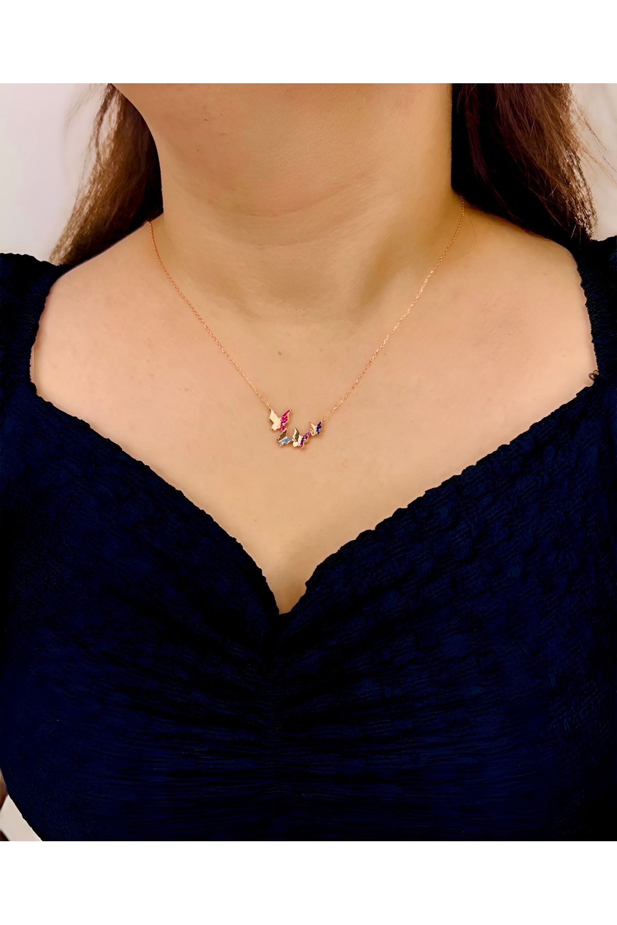 Azra Silver&Aksesuar 925 Ayar Sade Ve Renkli Taşlı Kelebek Model Zincirli Gümüş Kolye