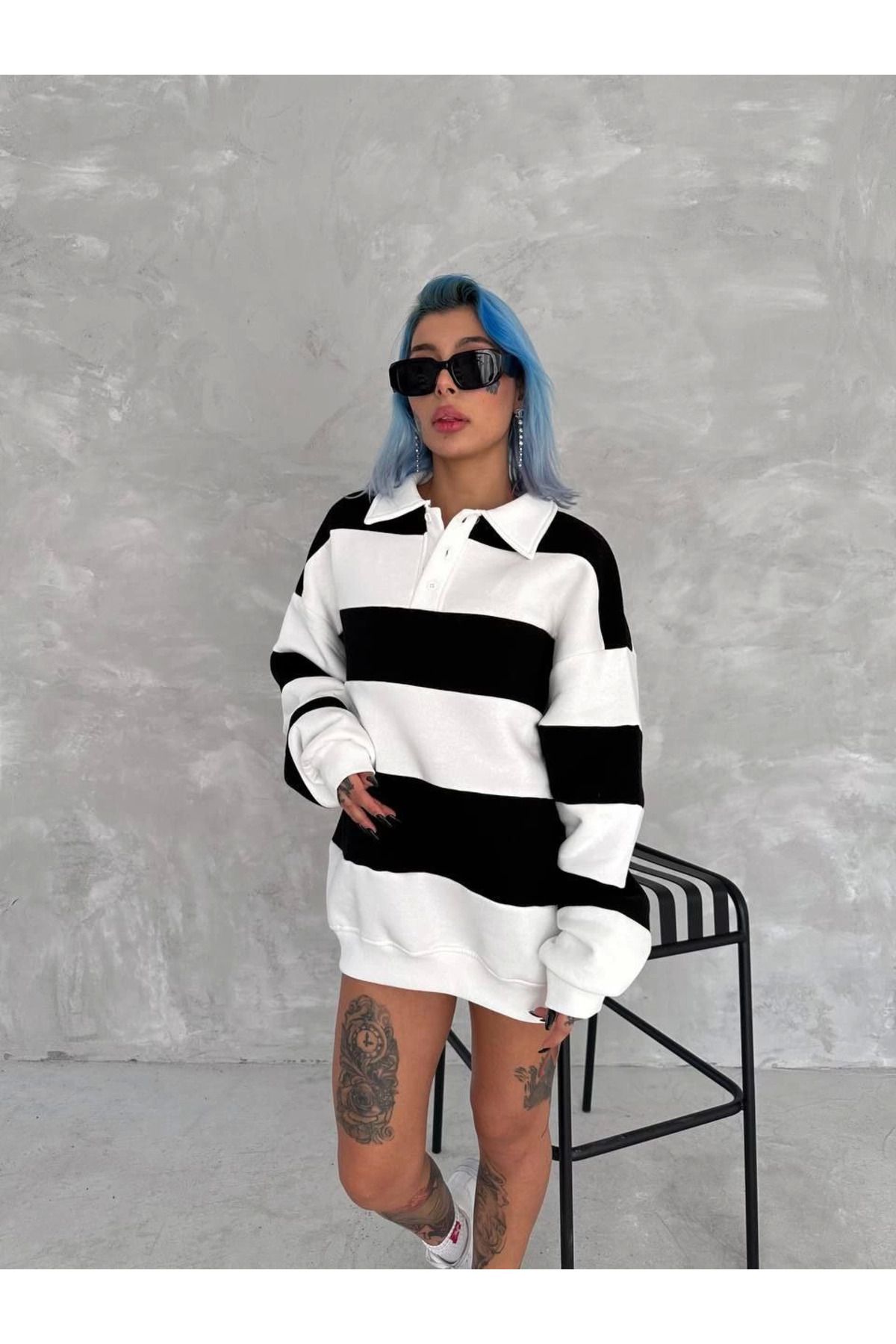 Serero Unisex Üç İplik Parçalı Yakalı SweatShirt - Siyah
