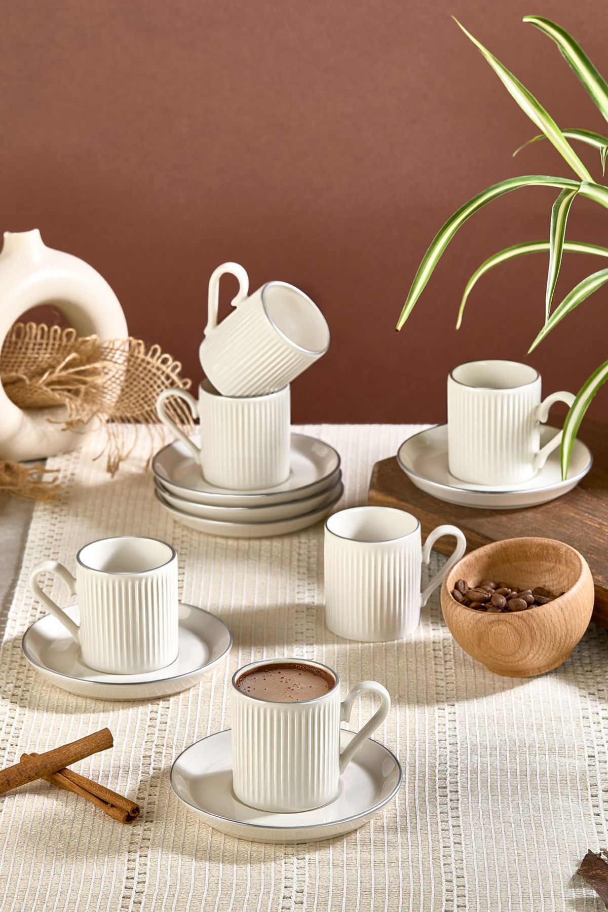 Kitchen Life 12 Parça 6 Kişilik Stackable Çizgili Gümüş Yaldızlı Kahve Fincan Takımı - Kahve Fincanı Seti 100ml