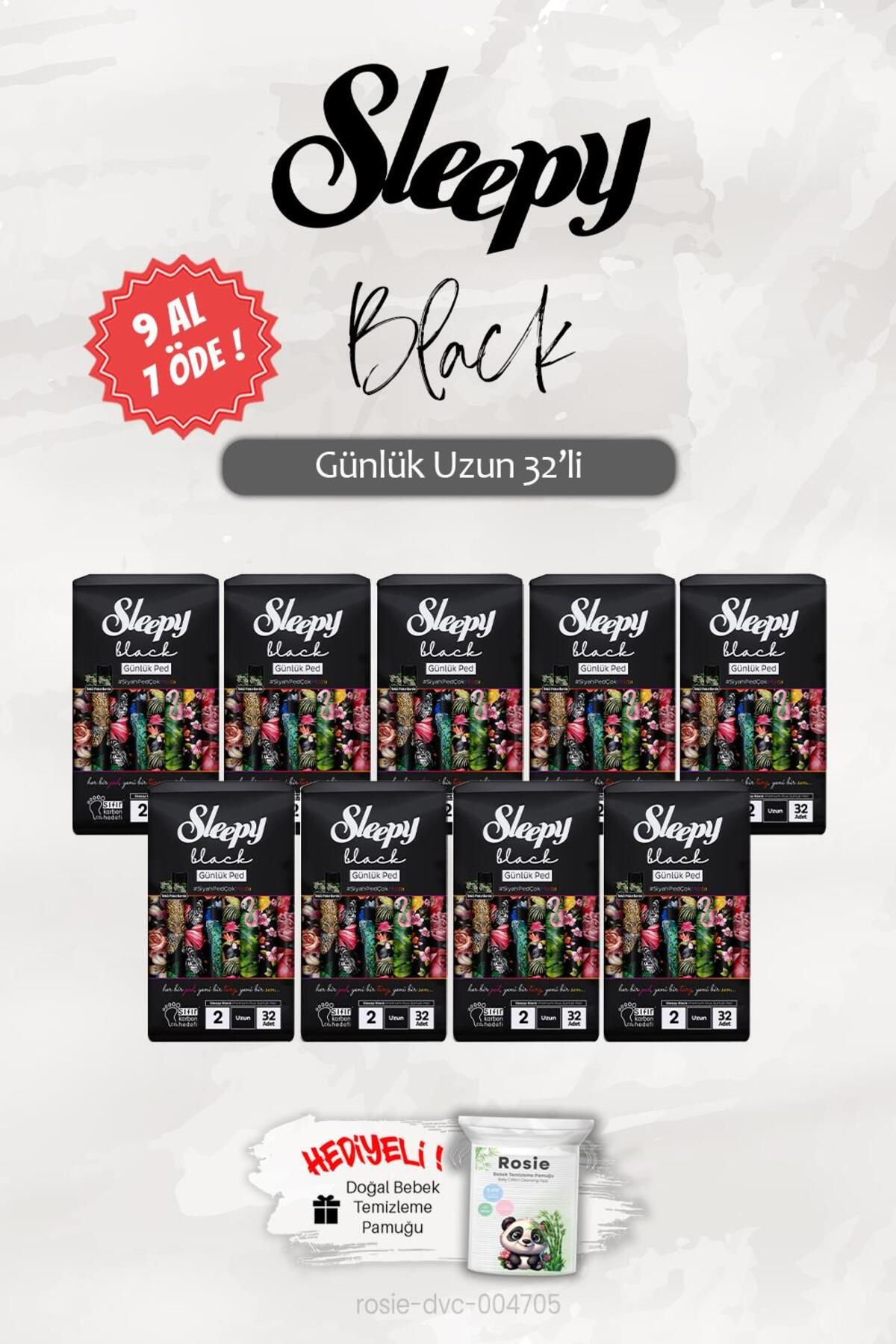 Sleepy 9 AL 7 ÖDE Sleepy Black Günlük Ped Uzun 32'li, ROSIE Hediye