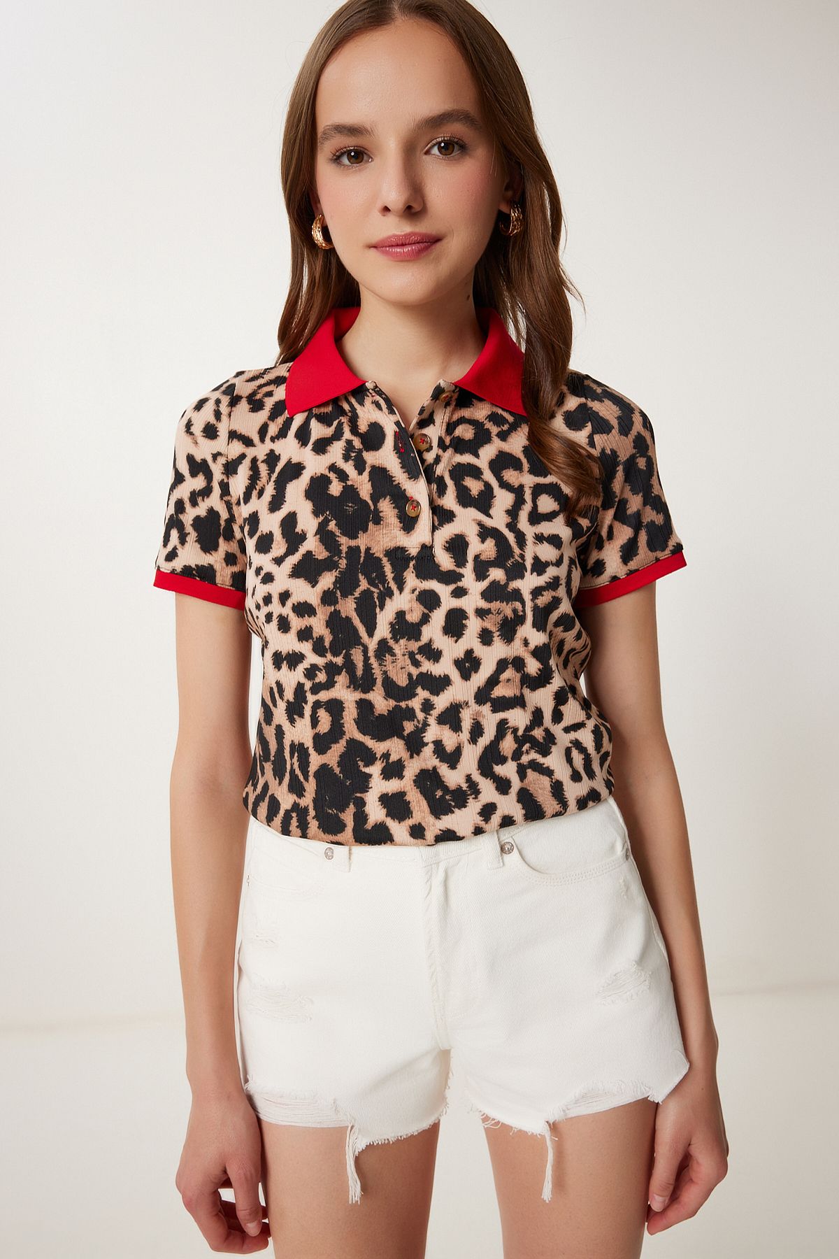 Lovelyİstanbul Leopar Desenli Esnek Örme Bluz SİYAH BEJ LTP0022