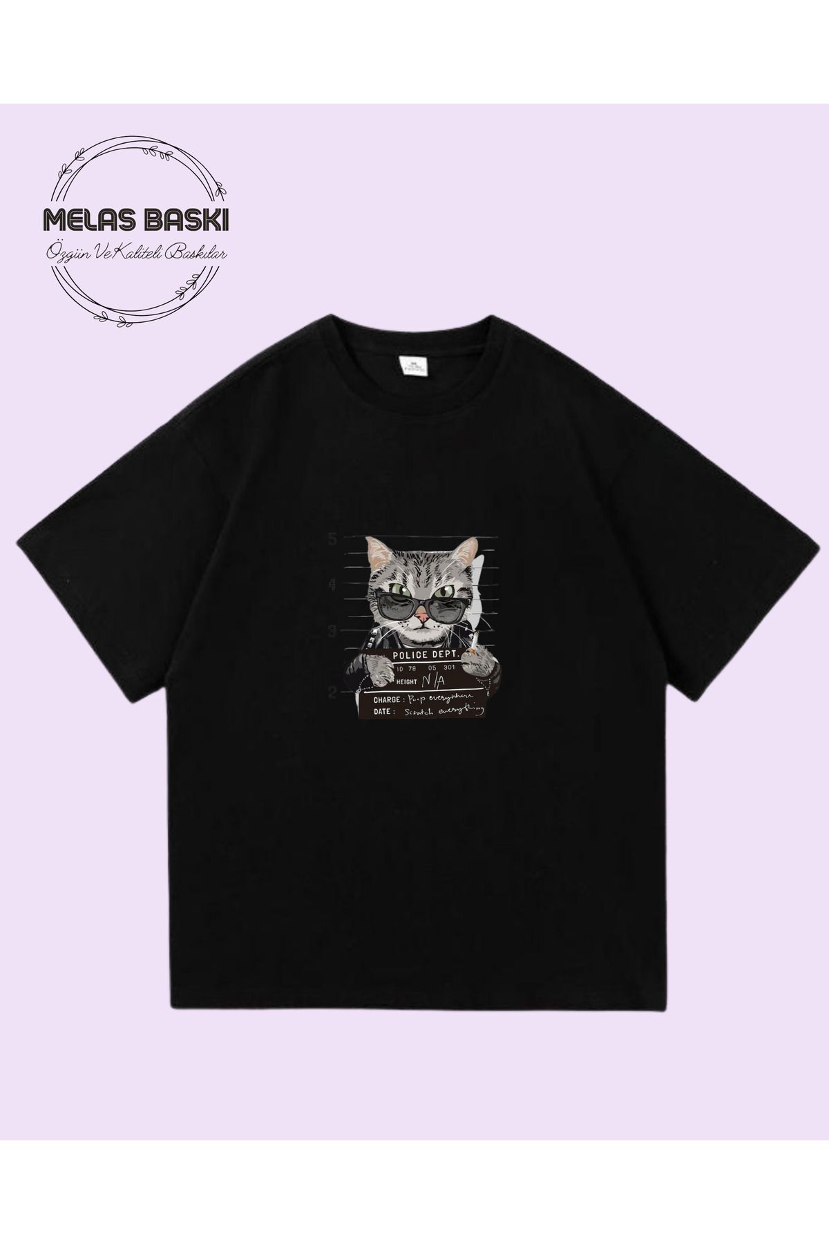 MELAS BASKI Pamuklu Oversize Kedi Baskılı Tişört