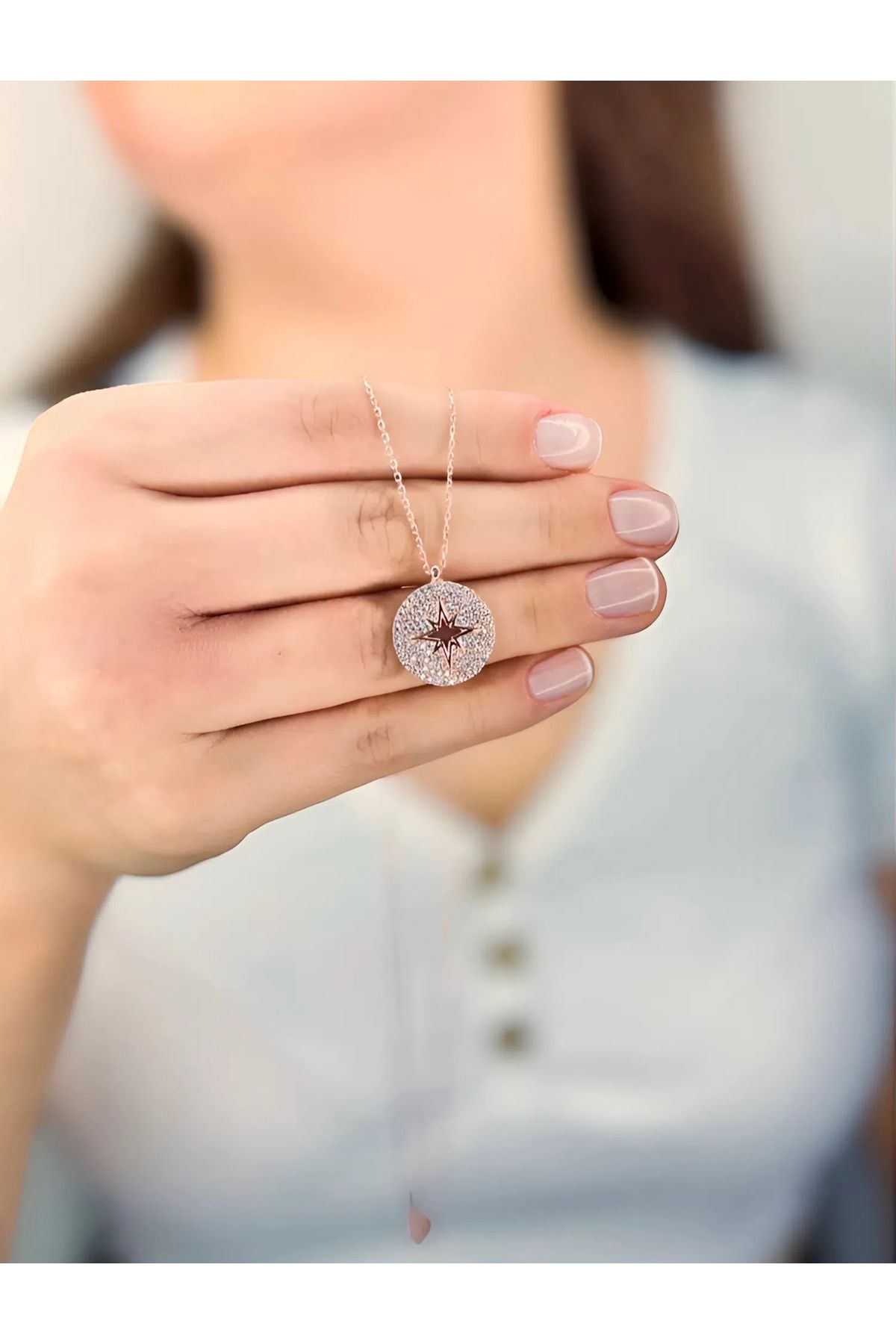 Azra Silver&Aksesuar 925 Ayar Etrafı Zirkon Taşlı Kutup Yıldızlı Model Zincirli Gümüş Kolye