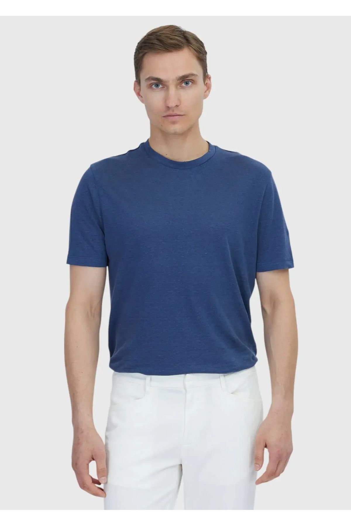 Ramsey İndigo Düz Bisiklet Yaka %100 Keten T-Shirt