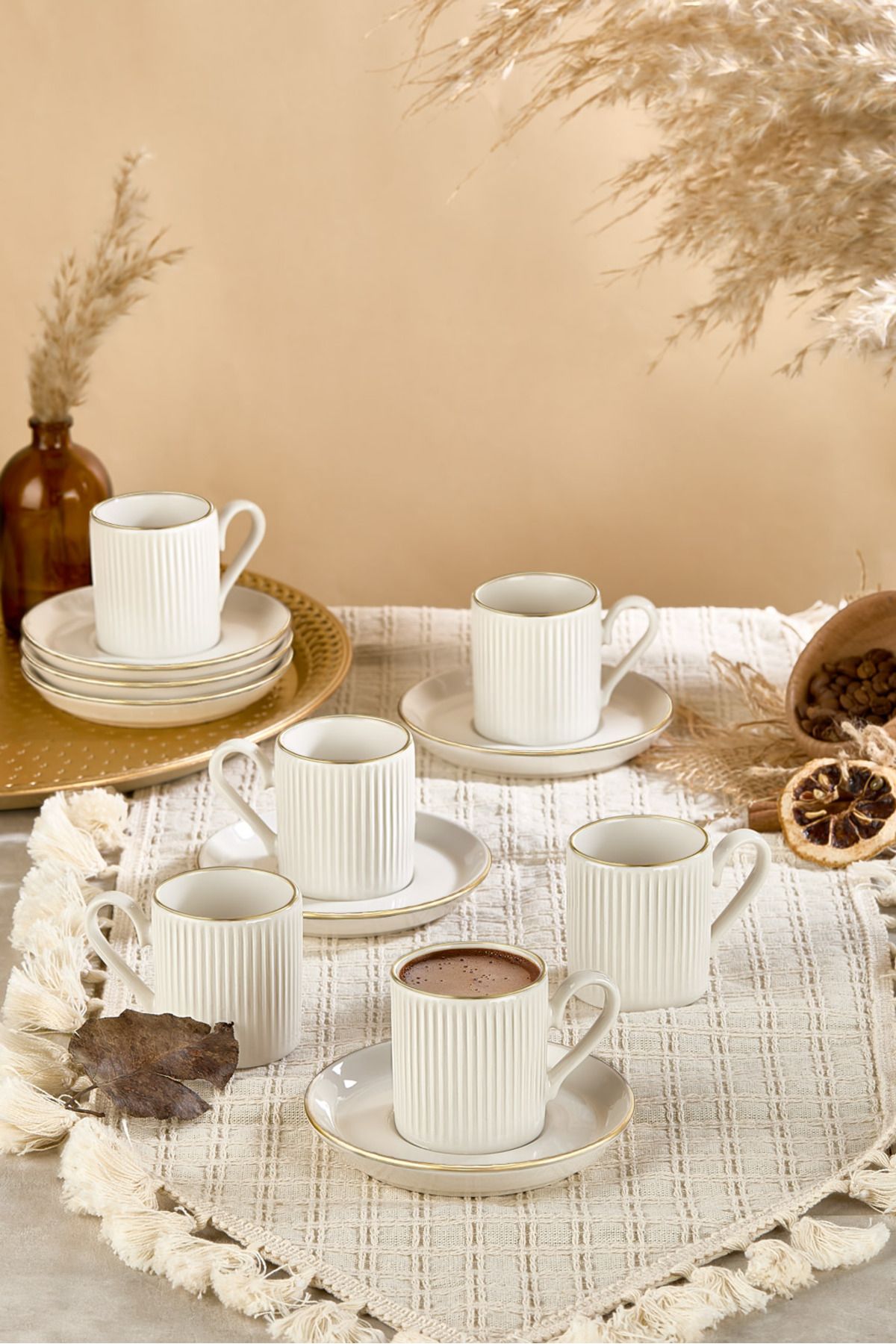 Kitchen Life 12 Parça 6 Kişilik Stackable Çizgili Altın Yaldızlı Kahve Fincan Takımı - Kahve Fincanı Seti 100ml