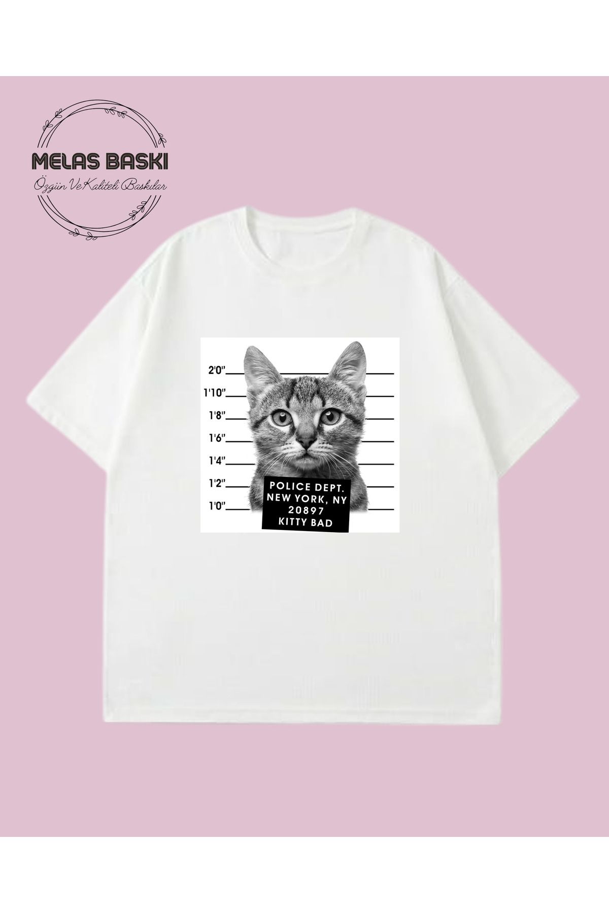 MELAS BASKI Pamuklu Oversize Kedi Baskılı Tişört