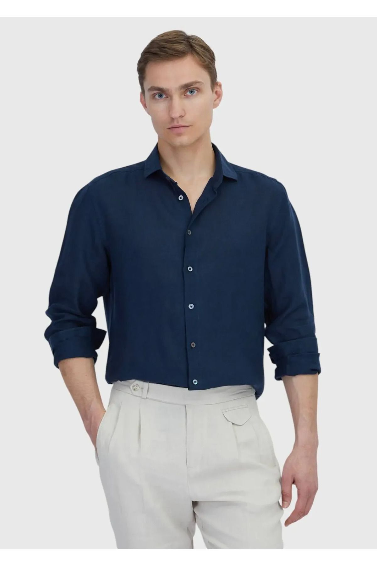Ramsey Lacivert Düz Casual Fit Dokuma Casual %100 Keten Gömlek