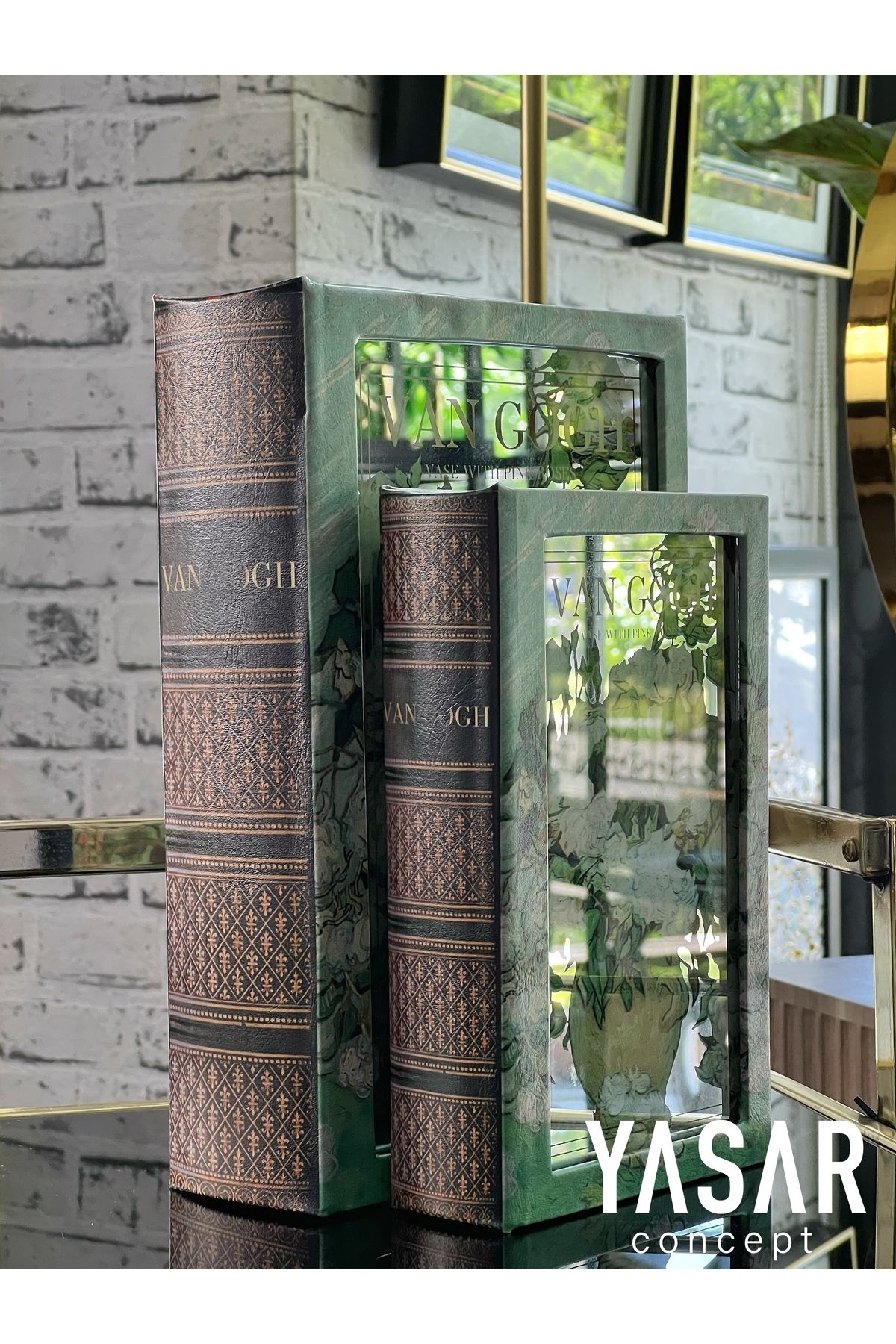 DEKORANLA İki Parça Renkli Ahşap Deri Aynalı Kitap Kutu Seti