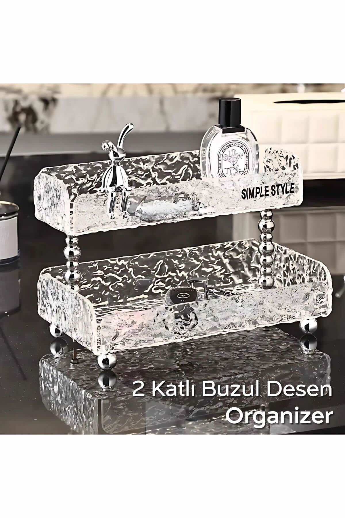 DEKORANLA Şeffaf Kırık Cam Desenli 2 Katlı Organizer, Dekoratif ve Şık 25x13cm ve 25x8cm