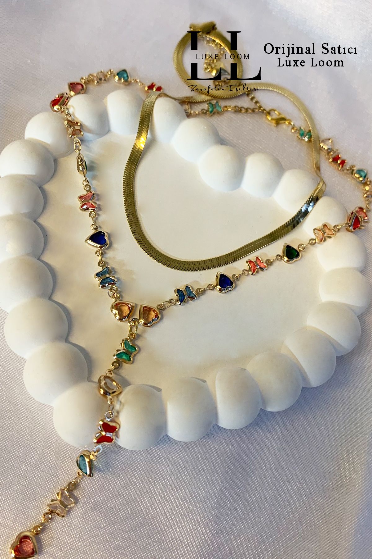 Luxe Loom Zarafetin Işıltısı Kadın İtalyan Ezme ve Renkli Zirkon Kalp Kelebek Y Kolye Seti 001