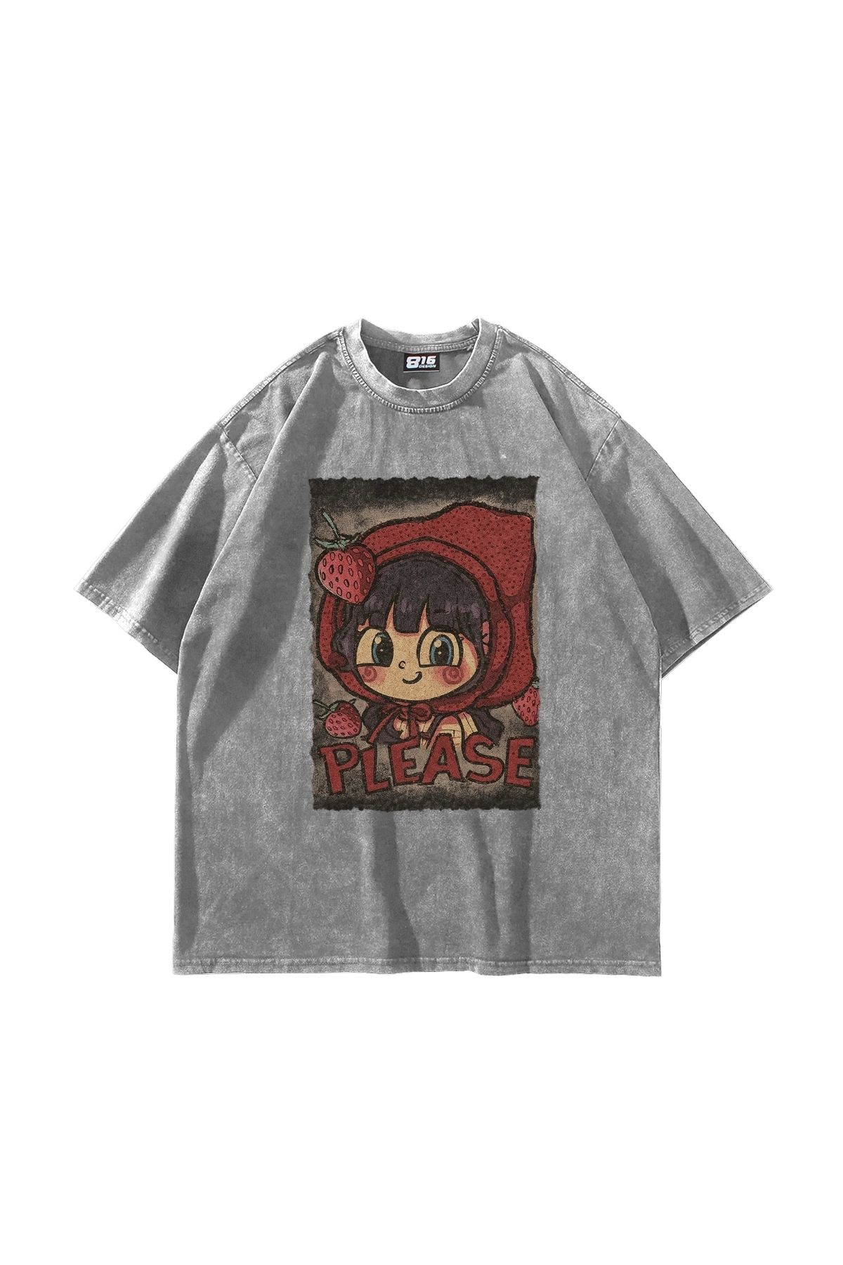 Bak Moda Little Red Riding Hood Baskılı Oversize Unisex Yıkamalı Beyaz Tshirt