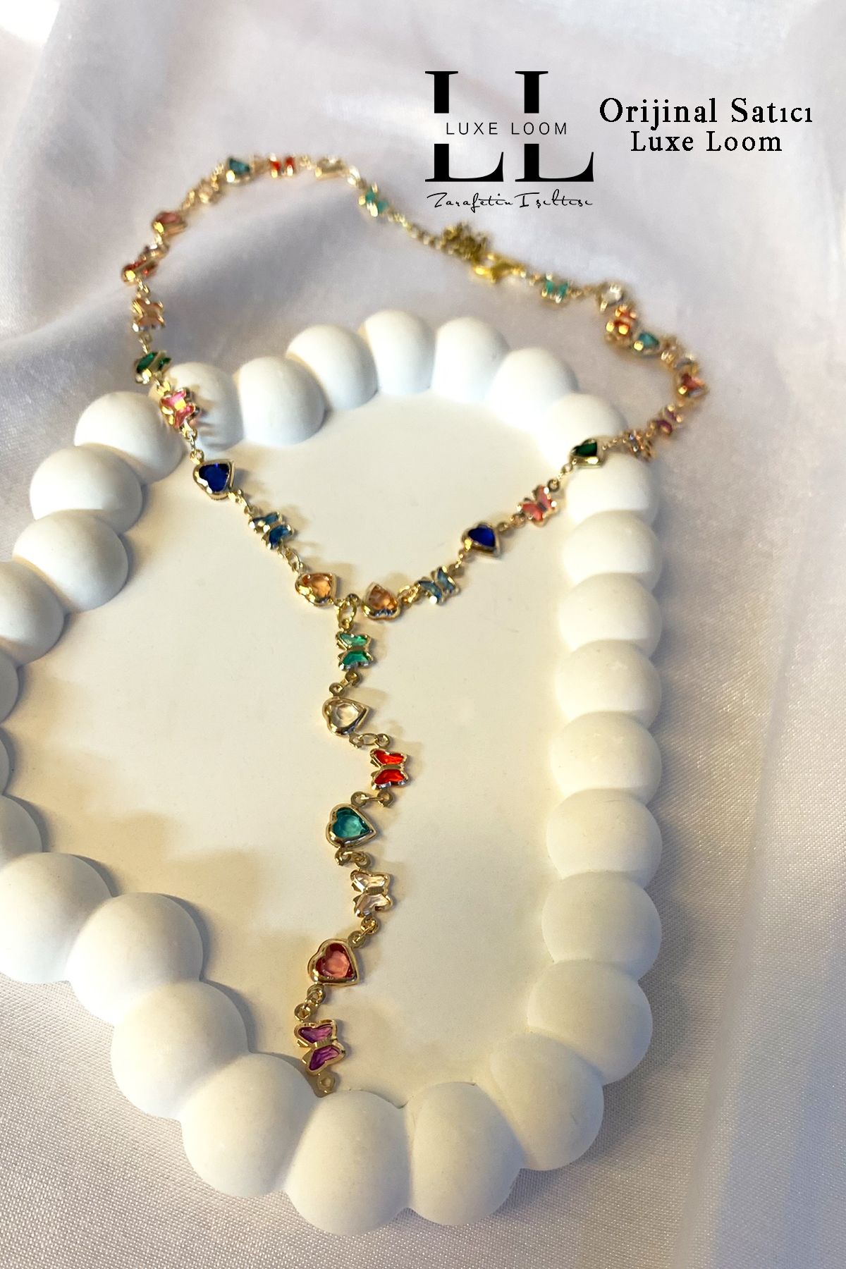 Luxe Loom Zarafetin Işıltısı Kadın Renkli Zirkon Kalp Kelebek Y Kolye 001