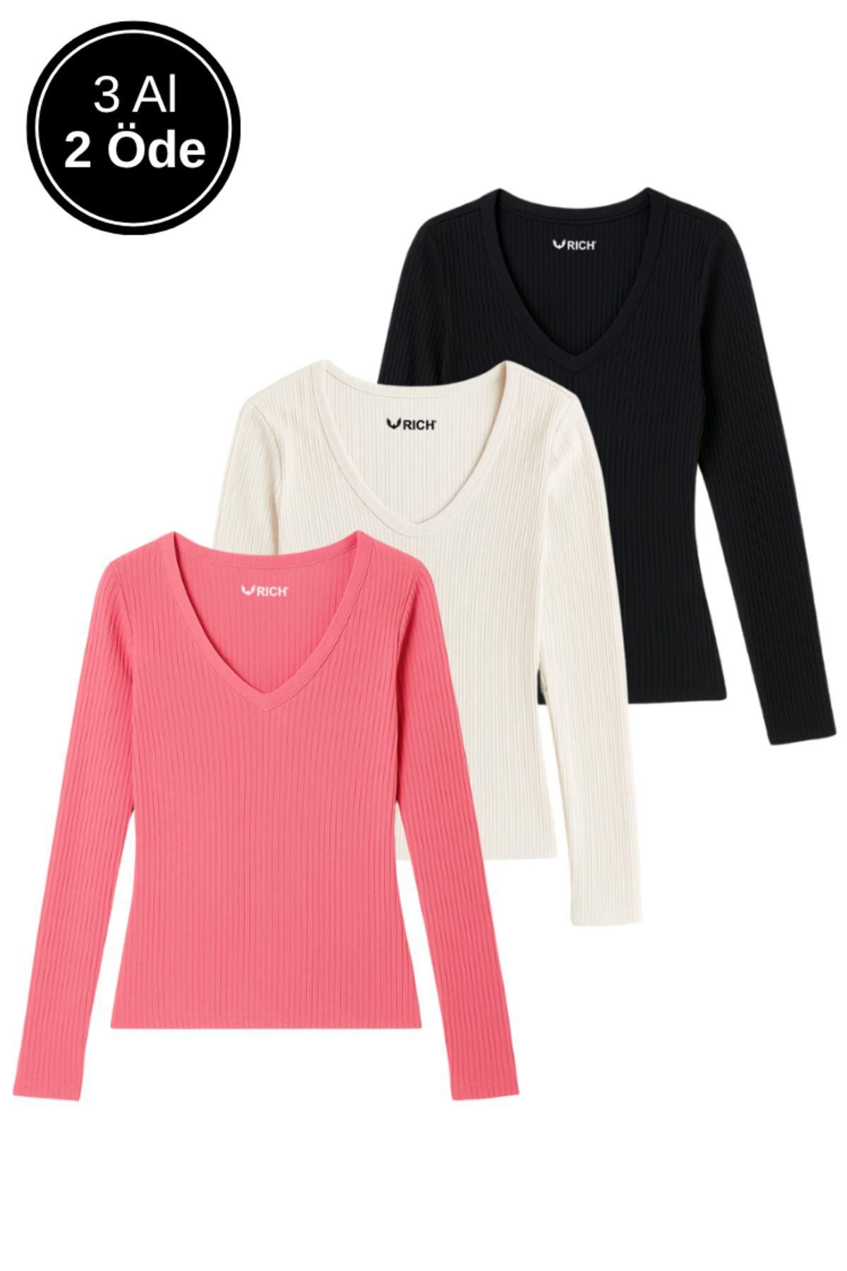 Rich Kadın 3'lü Siyah-Beyaz-Pembe Basic Paket Pamuklu Nefes Alabilen Kumaş - Vücudu Saran Uzun Kollu Bluz