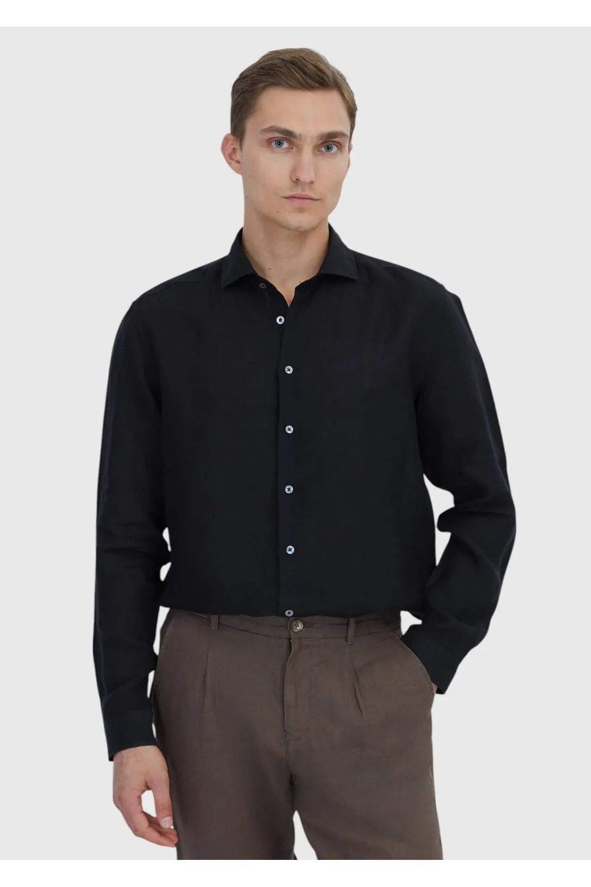 Ramsey Siyah Düz Casual Fit Dokuma Casual %100 Keten Gömlek