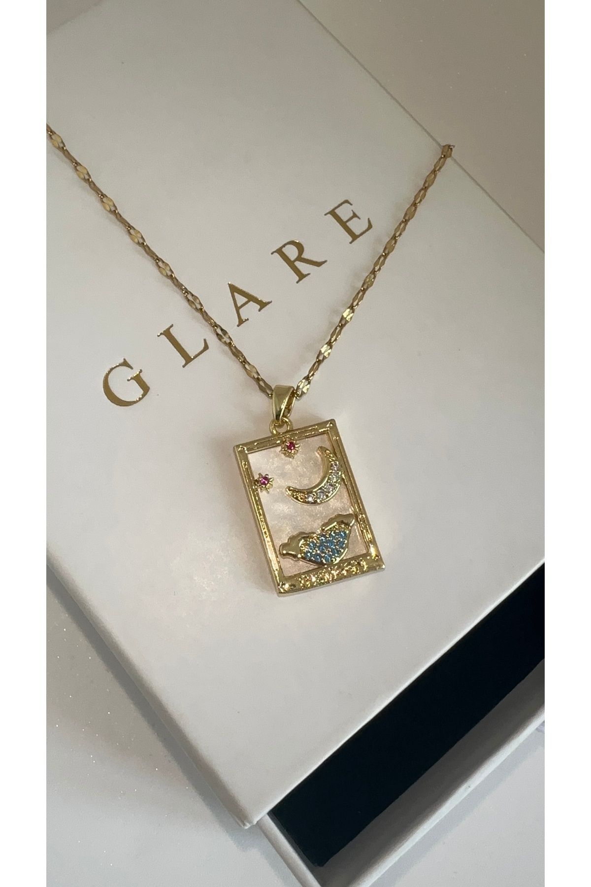 GLARE JEWELRY Ay Bulut Model Tasarım Çerçeve Zirkon Taşlı Paslanmaz Çelik Kolye 40 cm
