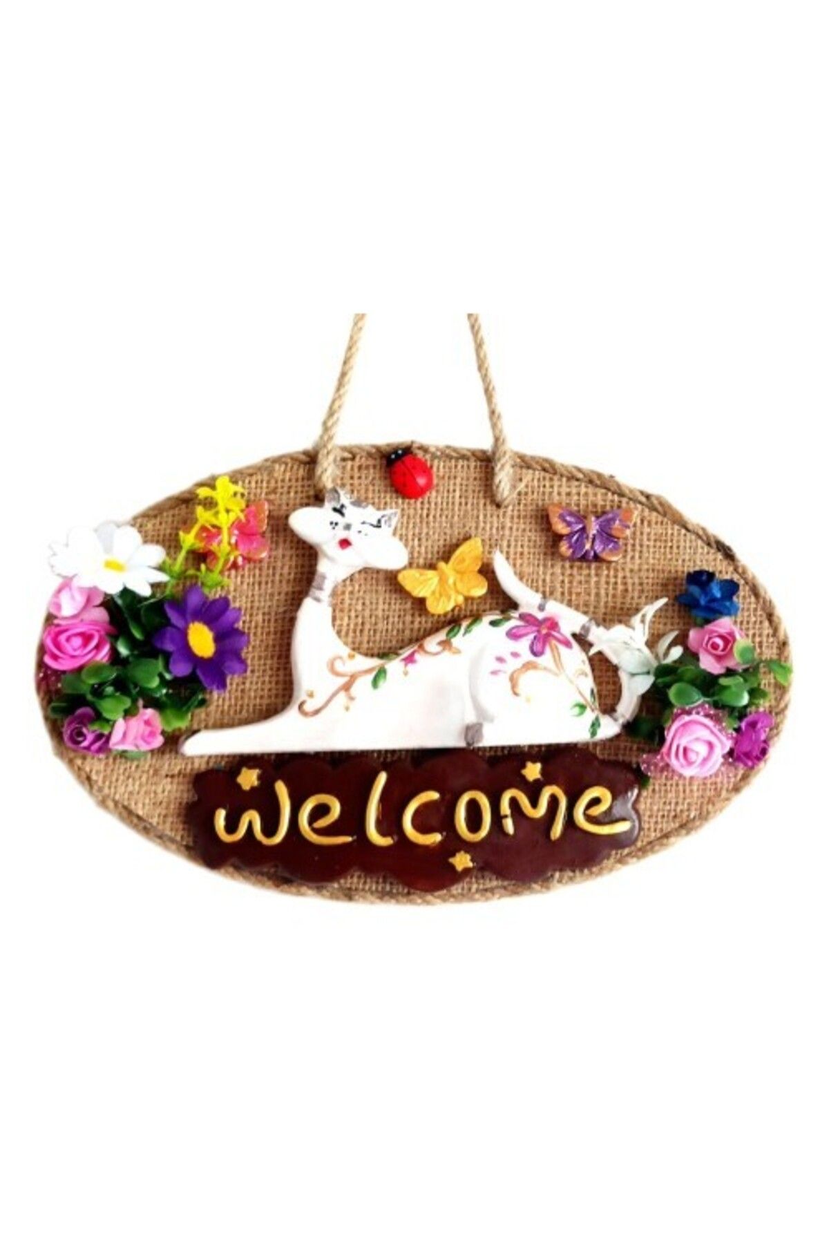 Emperium Welcome Yazılı Kedili El Yapımı Kapı Süsü