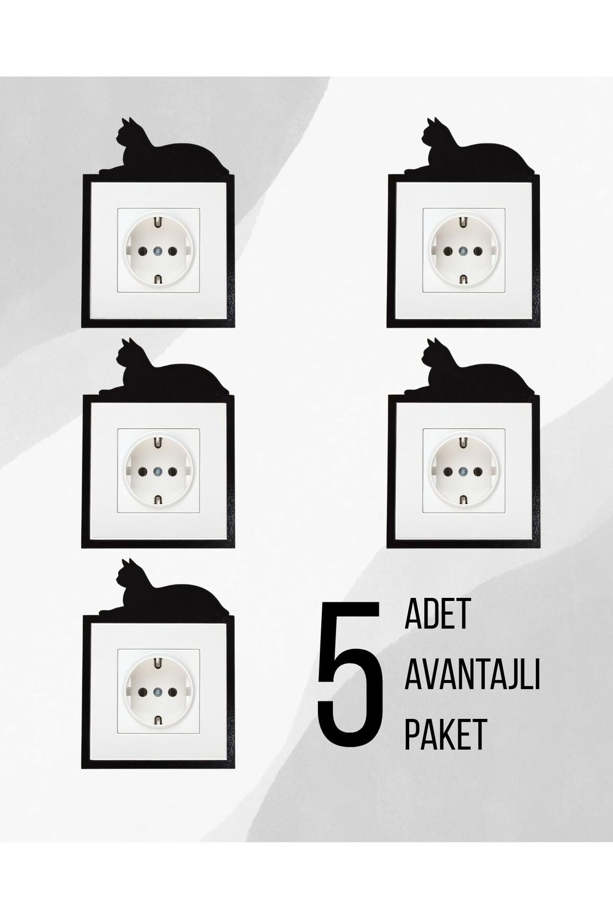 Karenza Home Dekoratif Siyah Kedi Figürlü Priz Süsü | Ahşap Duvar Priz Çerçevesi 5'li