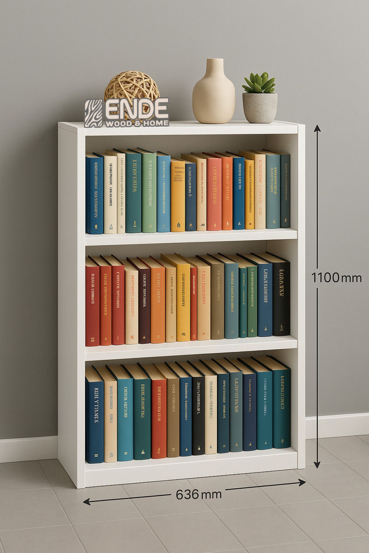 ende wood home Modern Beyaz 3 Raflı Kitaplık – 1100 Mm X 636 Mm