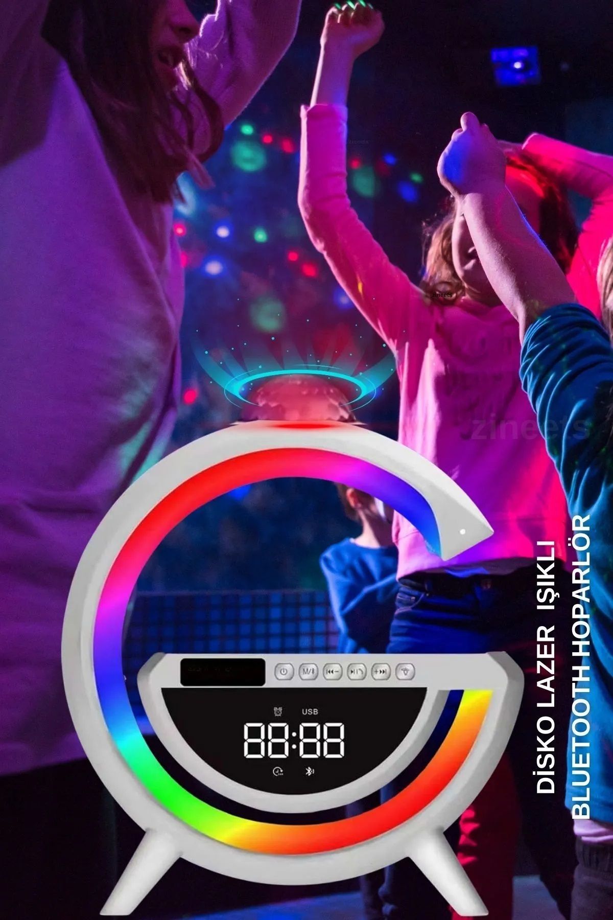 Zineets Led Işık Lazer Disko Toplu Standlı Bluetooth Hoparlör Speaker Işıklı Saatli Usb/sd Radyolu