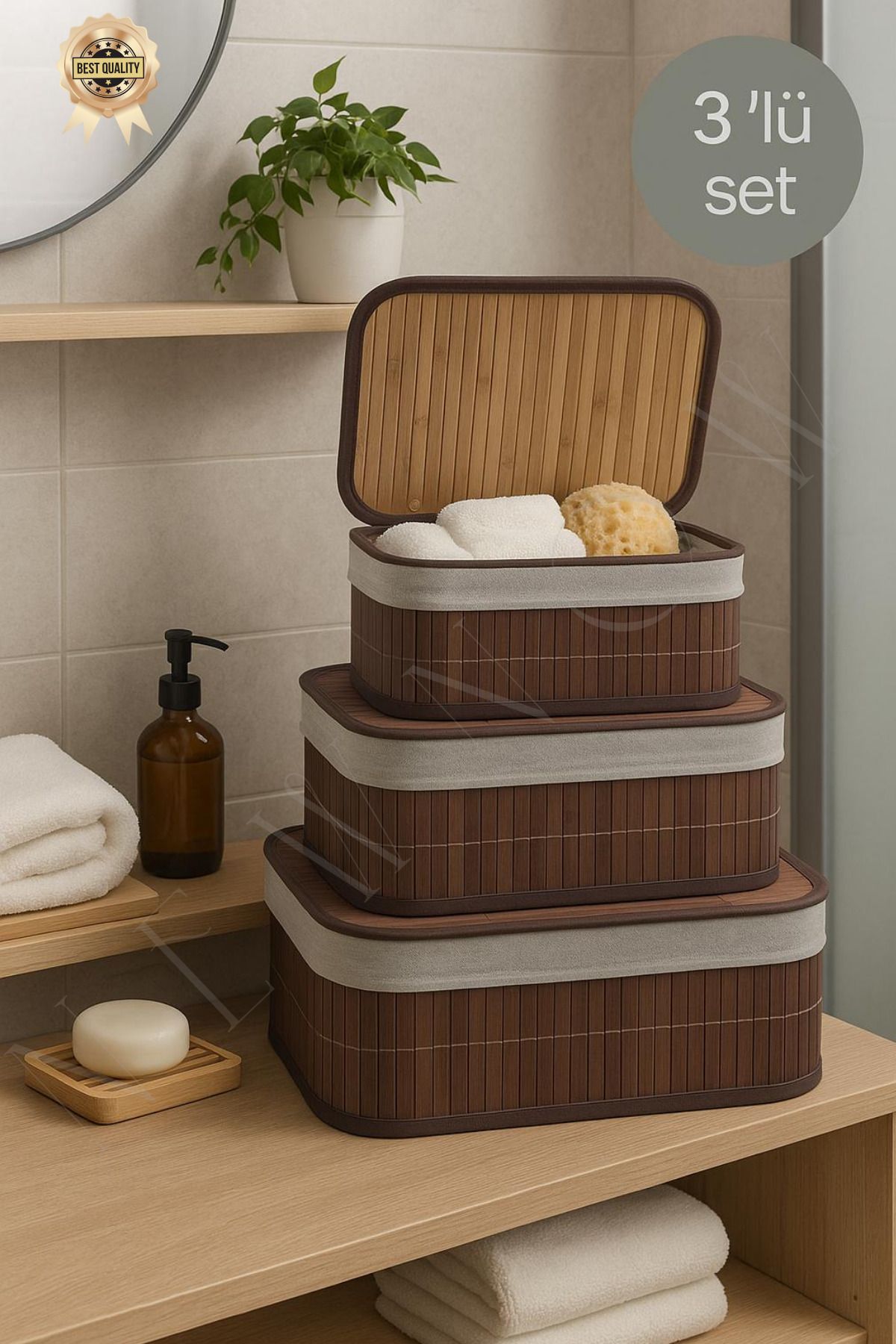 NEWNOW SoftLines Bambu Kapaklı Banyo ve Ev İçi Düzenleyici Kutular 3 lü Set