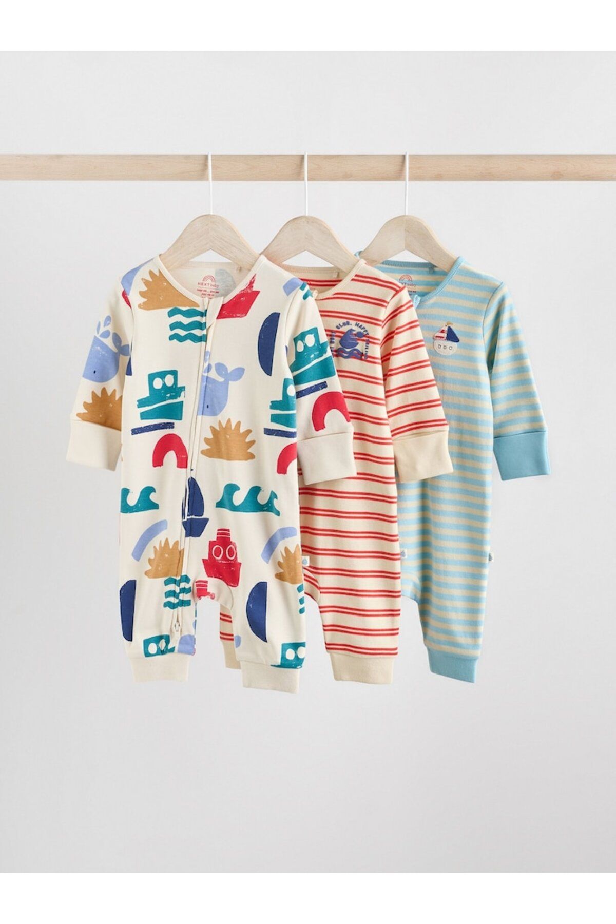 Next Baby %100 Pamuklu Krem Mavi Baskılı 3'lü Tulum Set