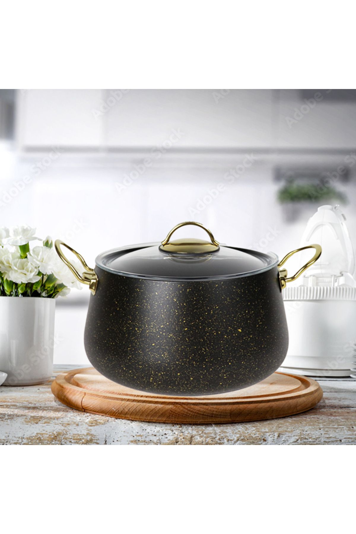 Evren 22 Cm Gold stone Bakraç Derin Tencere 5,1Lt (Gold Çelik Kulplu)