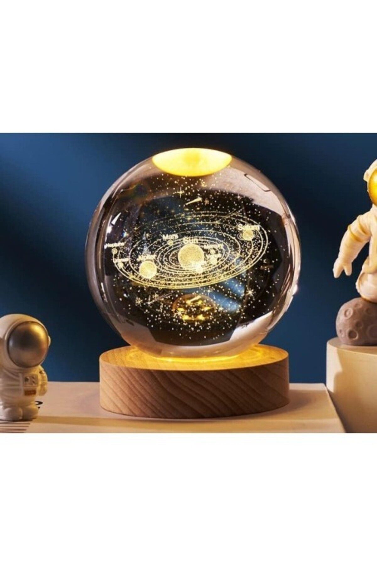 Modafiks Dekoratif Gezegen Tasarımlı Ahşap Altlıklı Işıklı Cam Küre Cam:6cm Ahşap:2cm