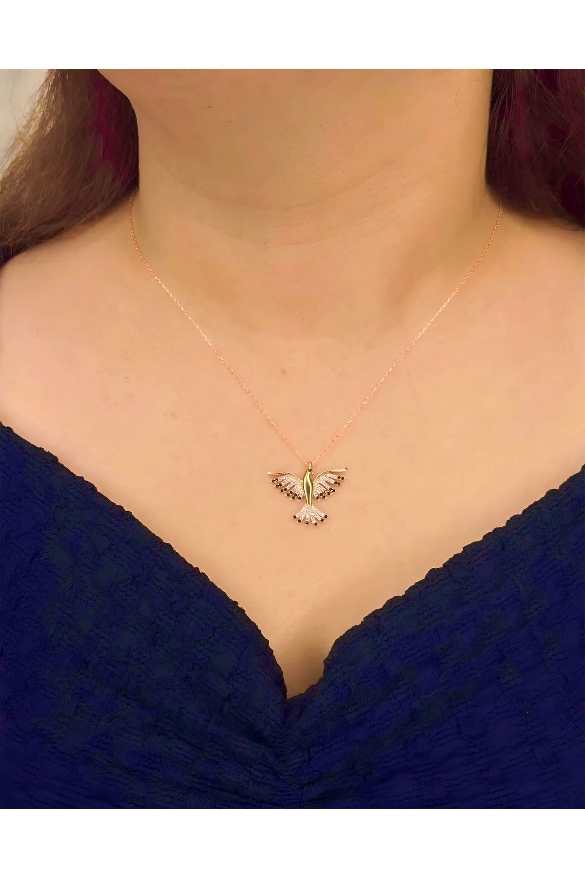 Azra Silver&Aksesuar 925 Ayar Kenarı Siyah Anka Kuşu Model Zincirli Gümüş Kolye