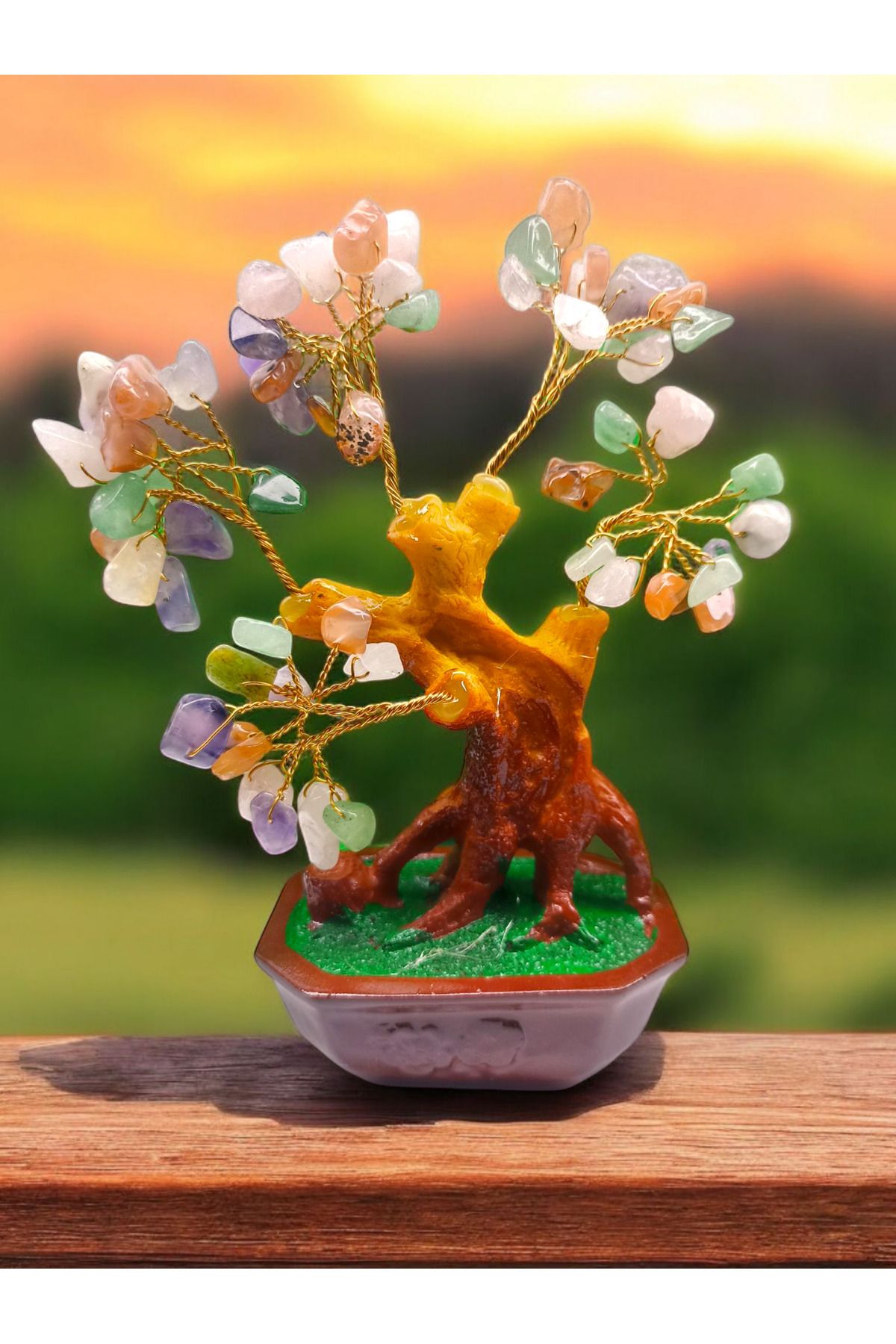 DEKORANLA Renkli Doğal Taş Ağaç, 15 cm, Enerji Dengeleyici, Dekoratif, Şifa Kaynağı