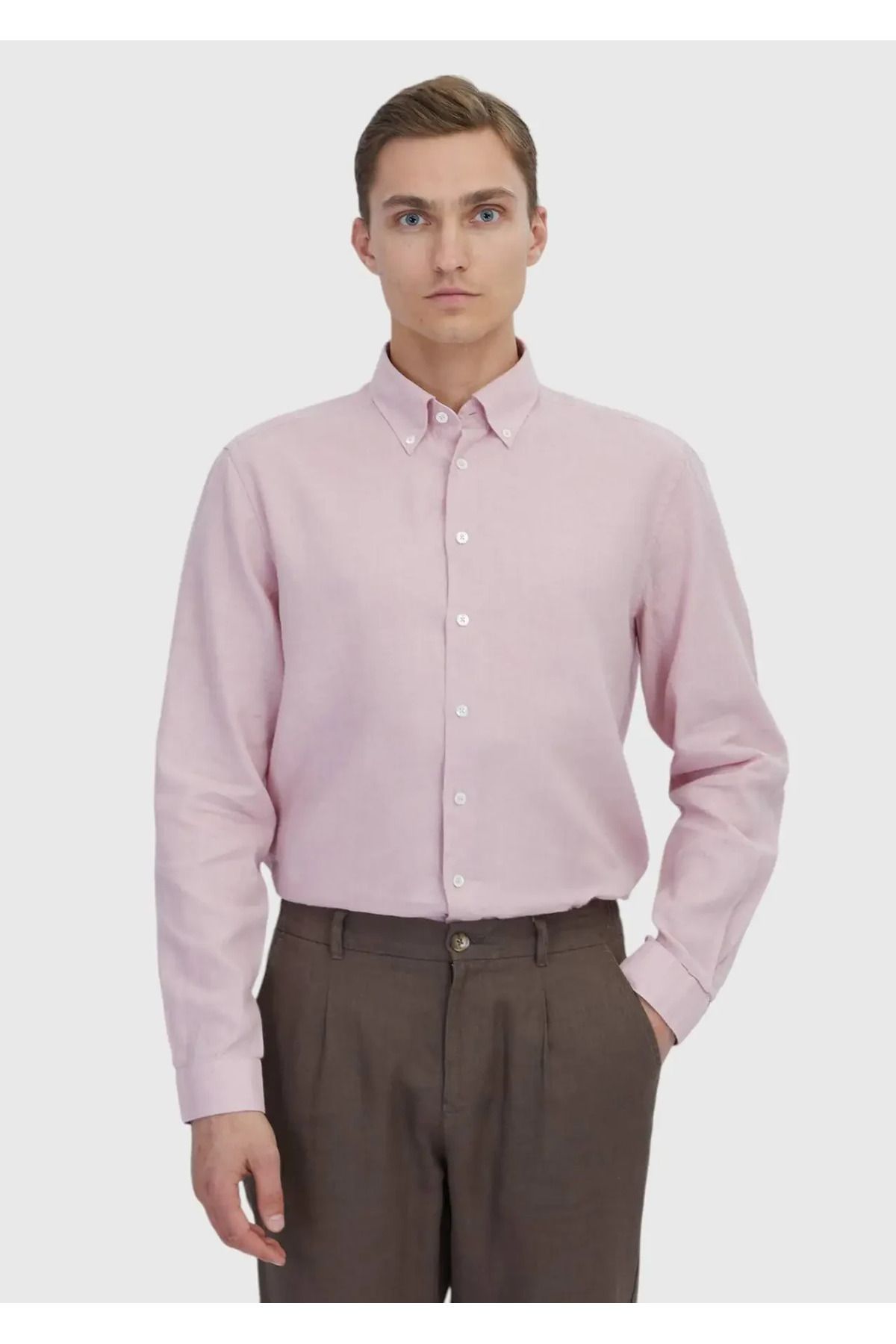 Ramsey Pembe Düz Casual Fit Dokuma Casual Pamuk Karışımlı Gömlek