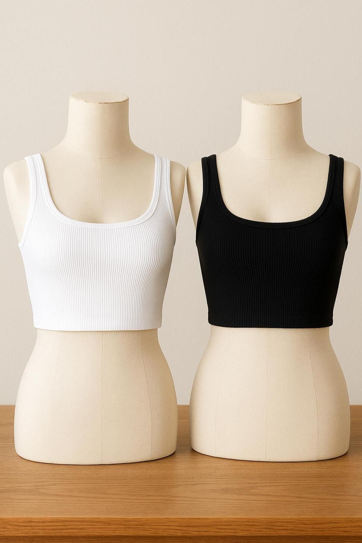 Stail Moda Kadın Siyah 2Lİ Kaşkorse Kare Yaka Kalın Askılı Atlet Fitilli Crop Atlet Spor Kaşkorse Atlet