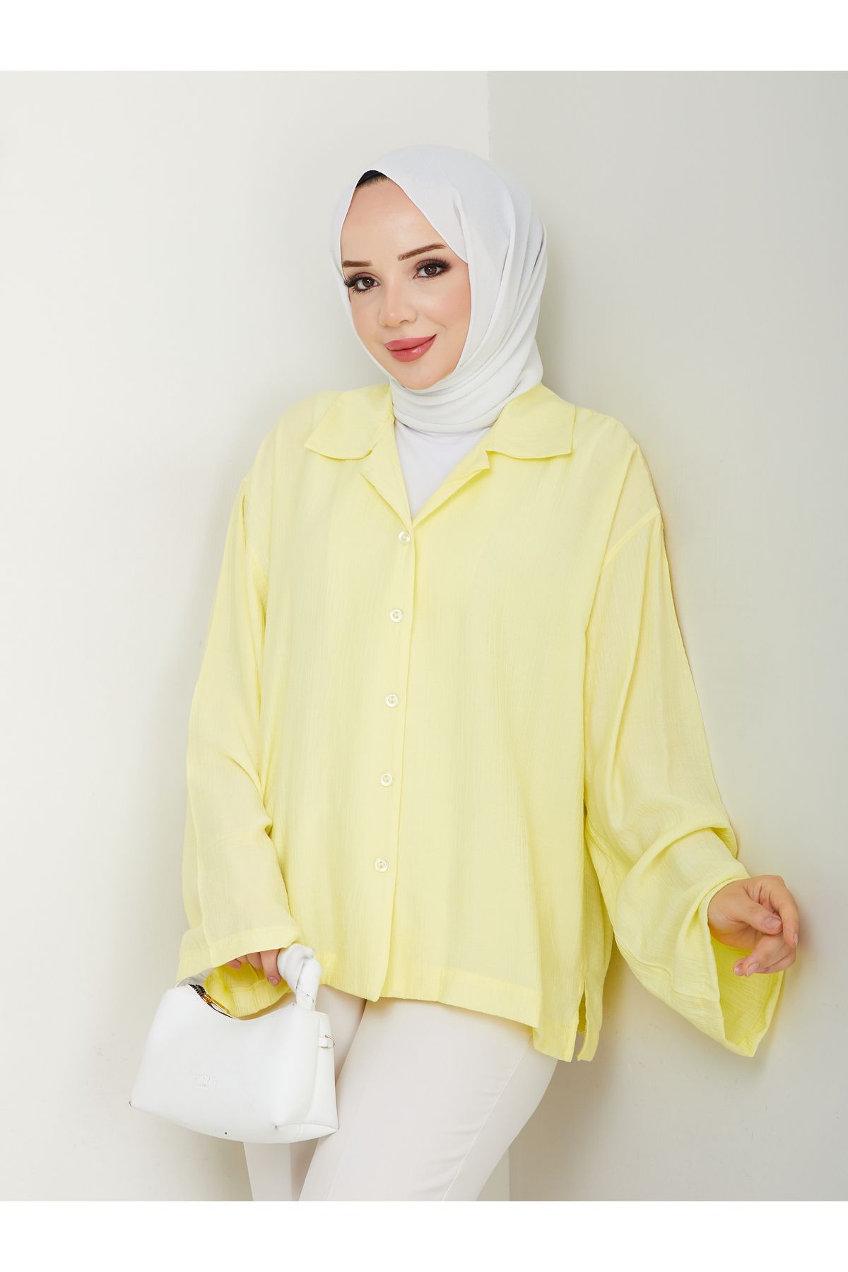 MODAMERSİ Kadın Sarı Dokulu Kumaş Oversize Gömlek