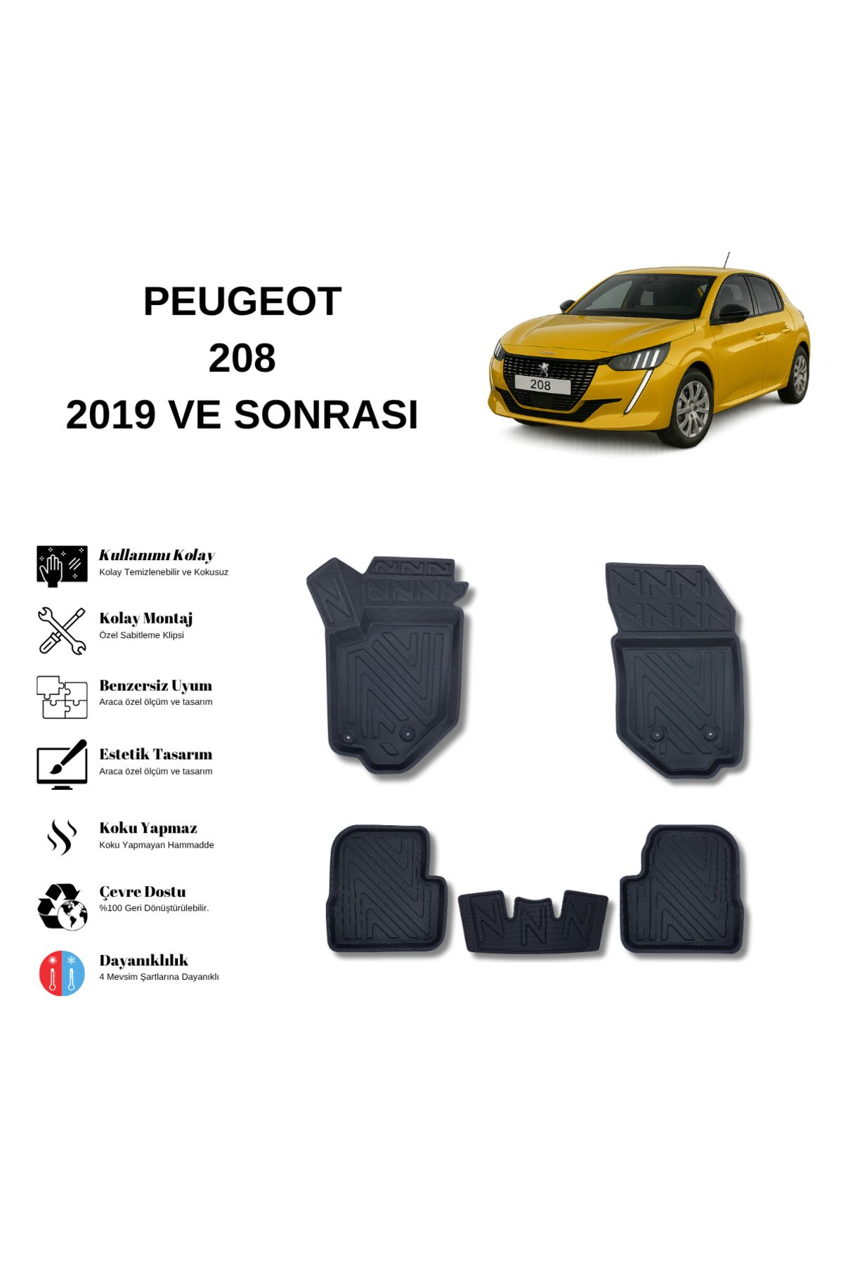 AutoWeller Peugeot 208 2019 ve Sonrası 3D Havuzlu Oto Paspas