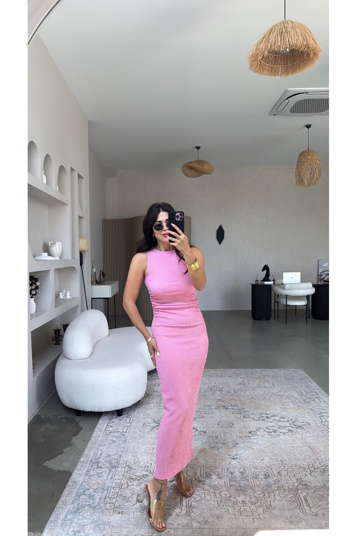 Buket Teke Şeker Pembe Bürümcük ZR Model Büzgü Detay Elbise