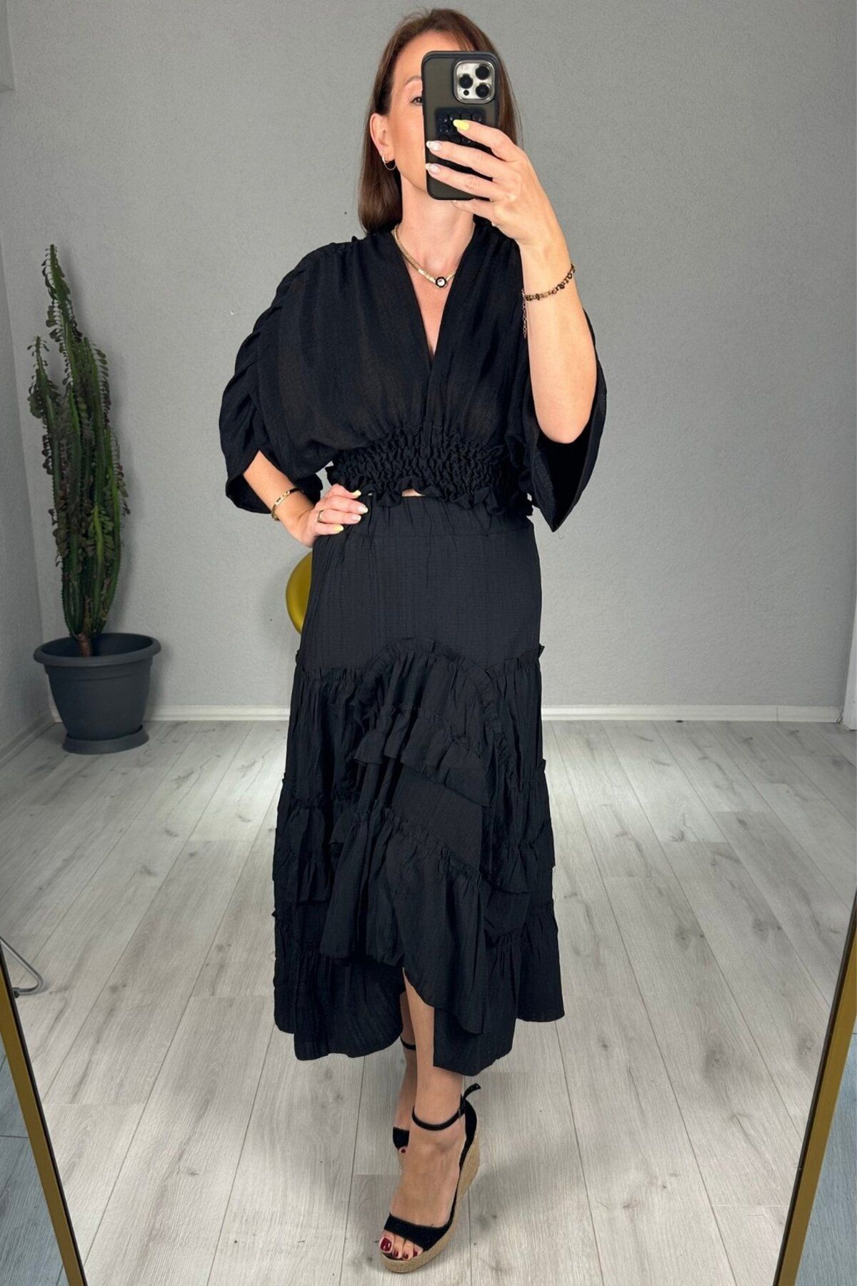 lady special Gofre Fırfırlı Uzun Etek